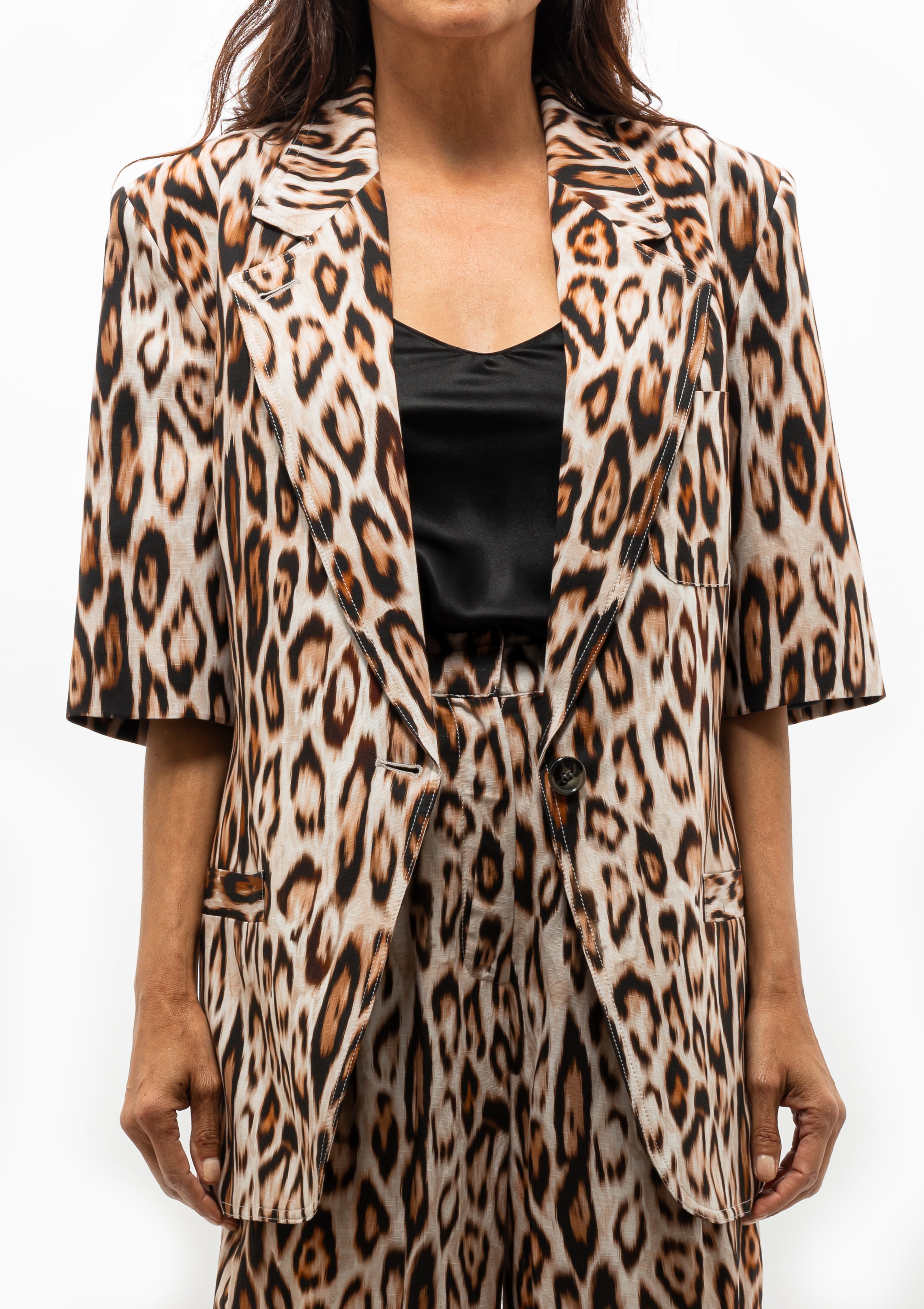 Smythe Elbow-Length Sleeve Oversized Blazer in breezy Leopard Ikat, shown with the matching Bow Legged Pant — available at Diani Boutique.