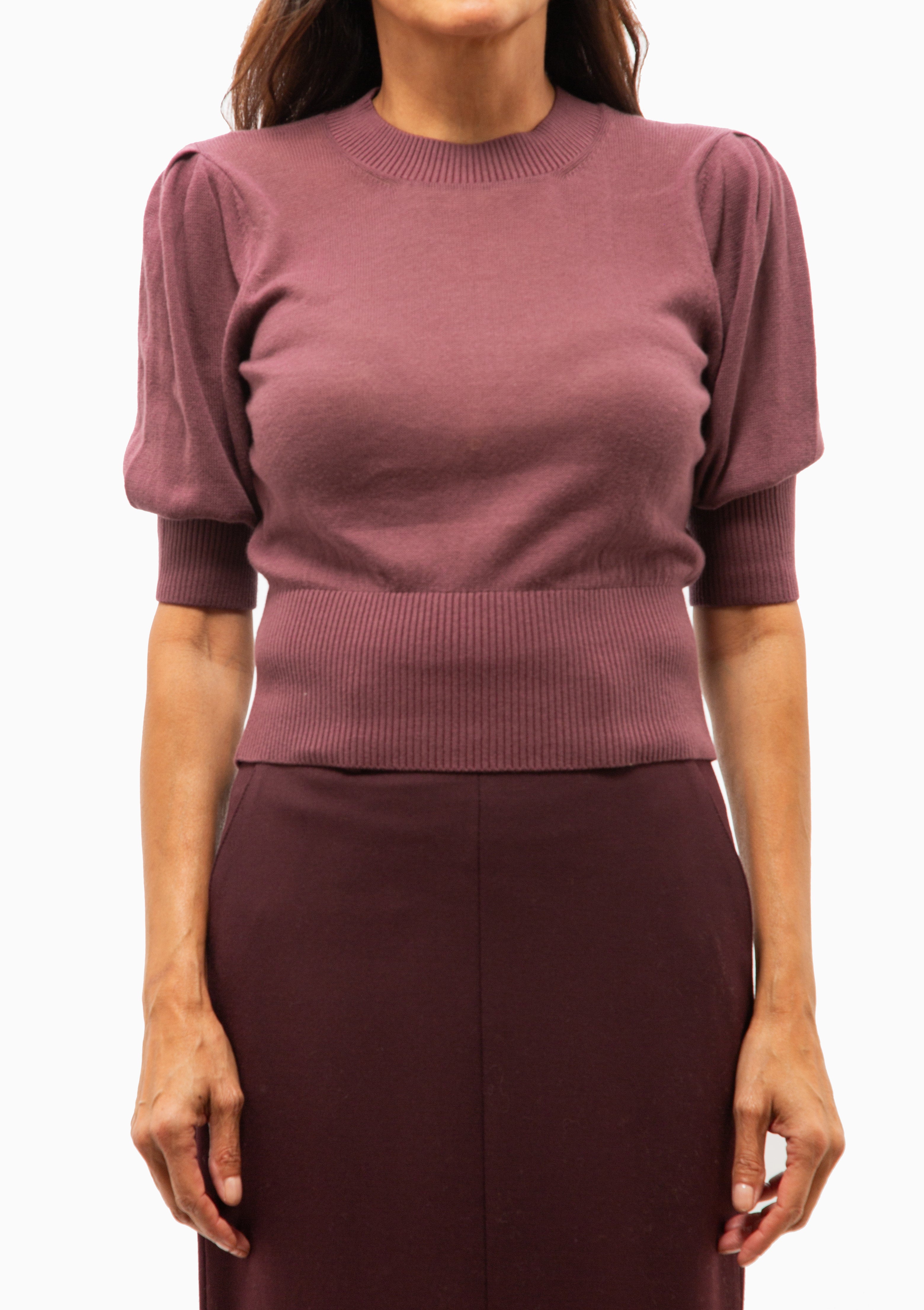 Cropped Pouf Sleeve Sweater | Dusty Plum