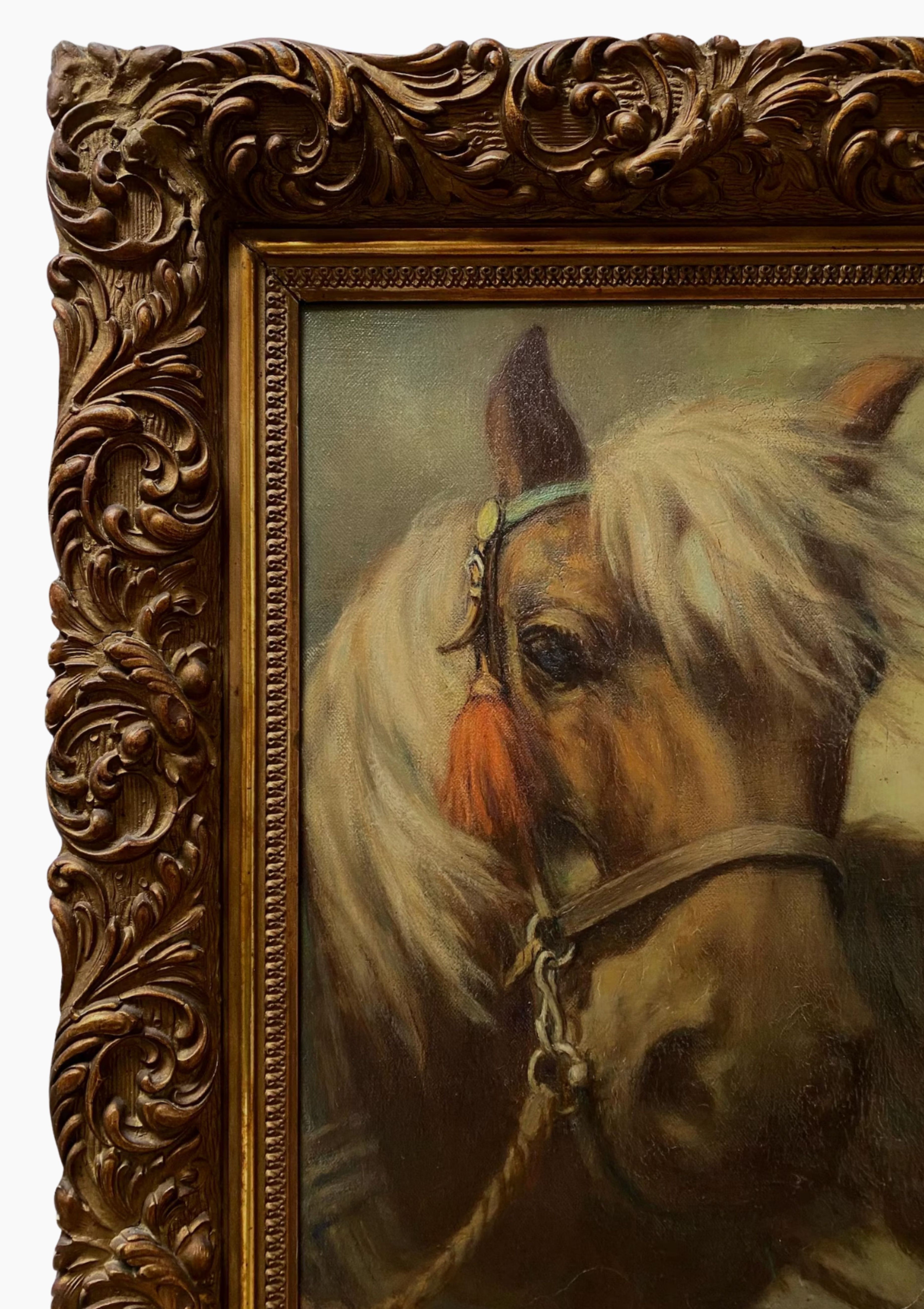 Original Antique Dutch Working Horses Portrait Oil Painting