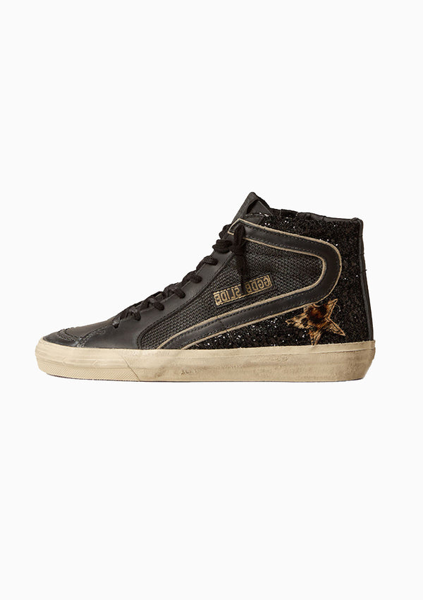 Slide Sneaker Net Glitter Leopard Star | Black/Gold/Beige Brown