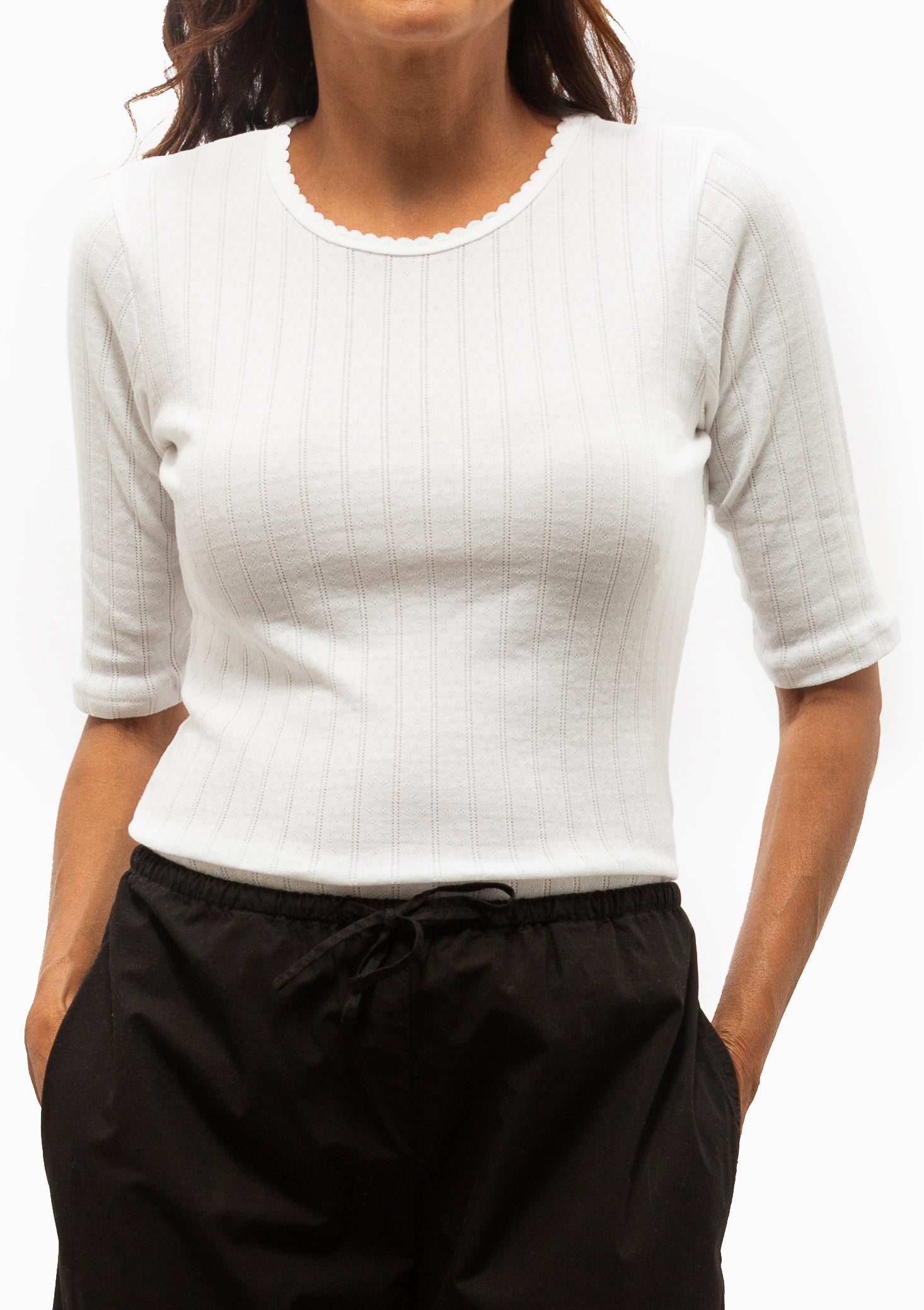 Pointelle Mid Sleeve Slim Fit Tee | White