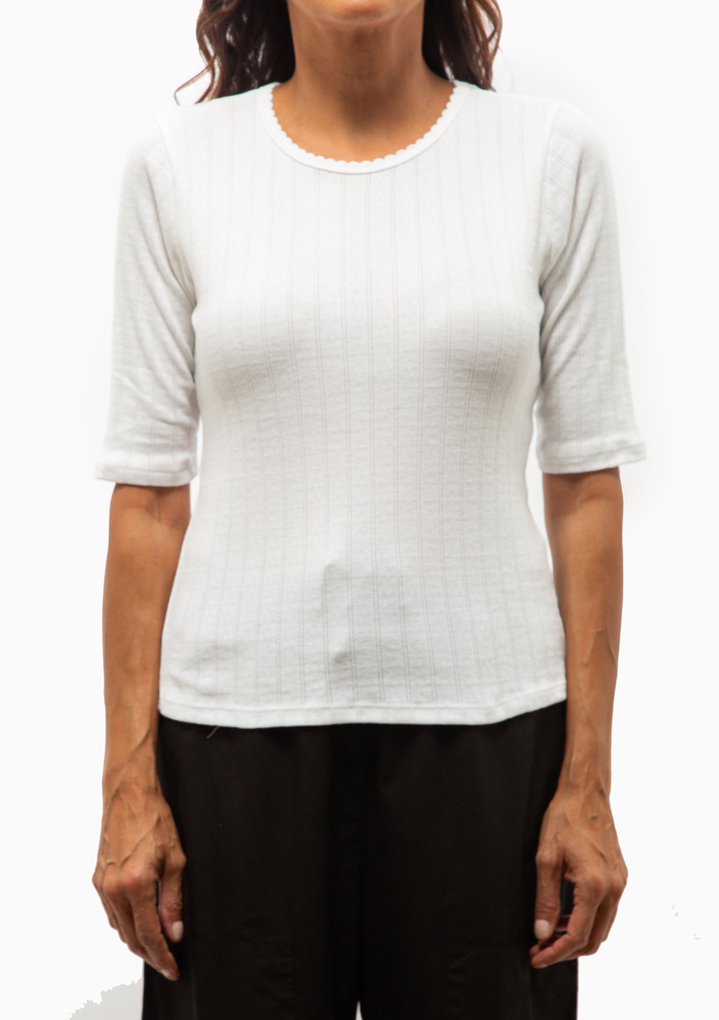 Pointelle Mid Sleeve Slim Fit Tee | White