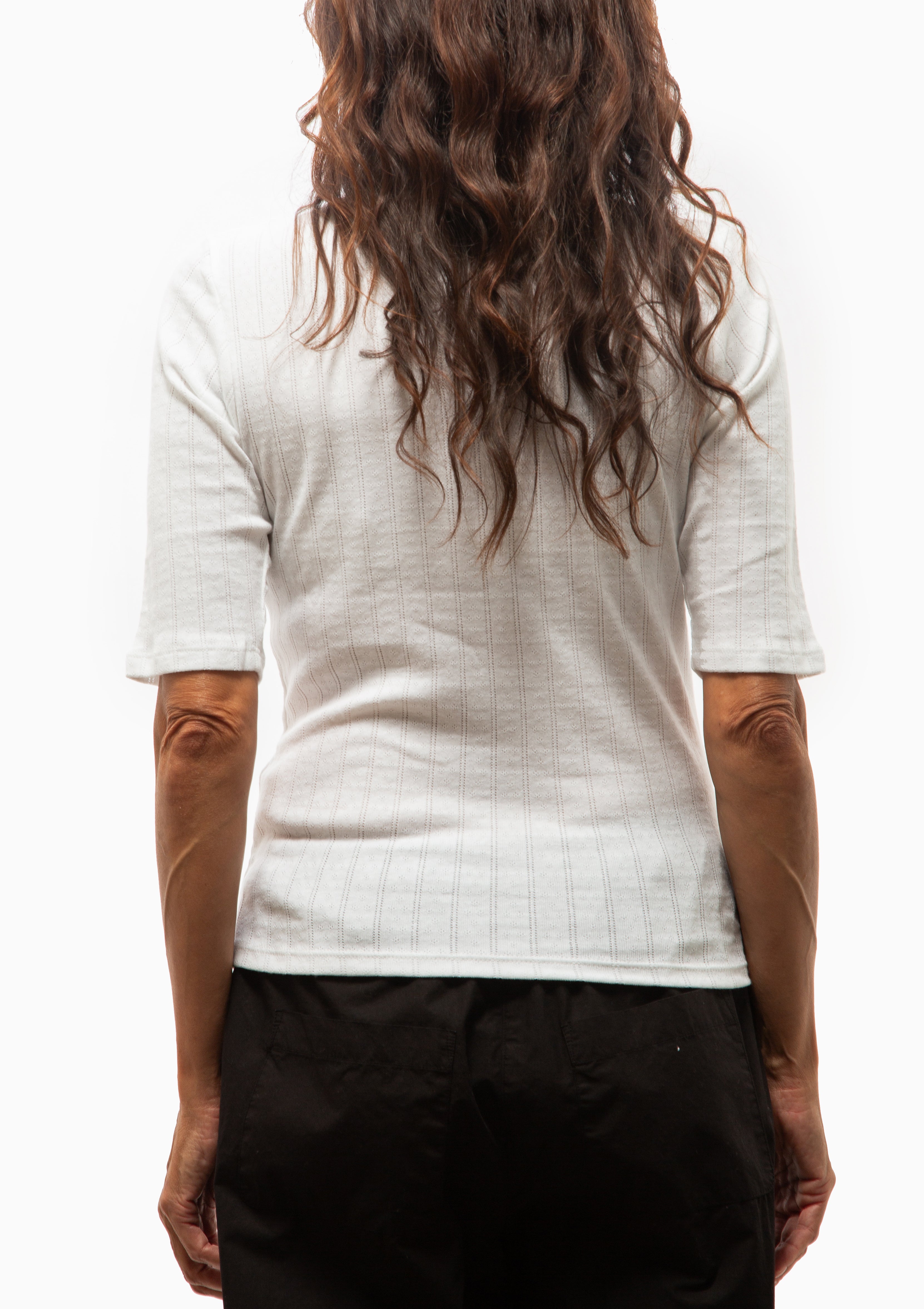 Pointelle Mid Sleeve Slim Fit Tee | White