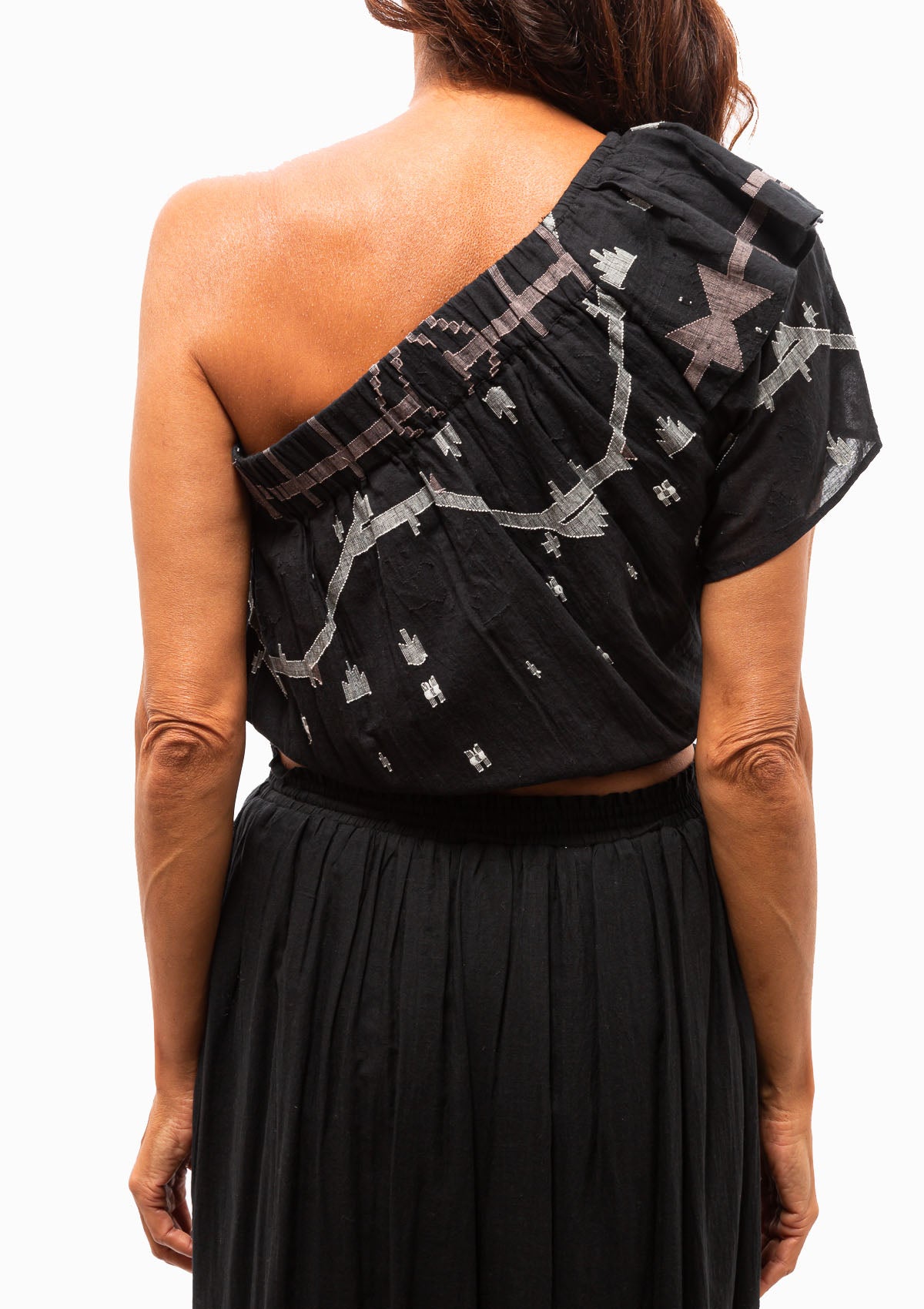 Paros Crop One Shoulder Top | Black Carnival Jamdani