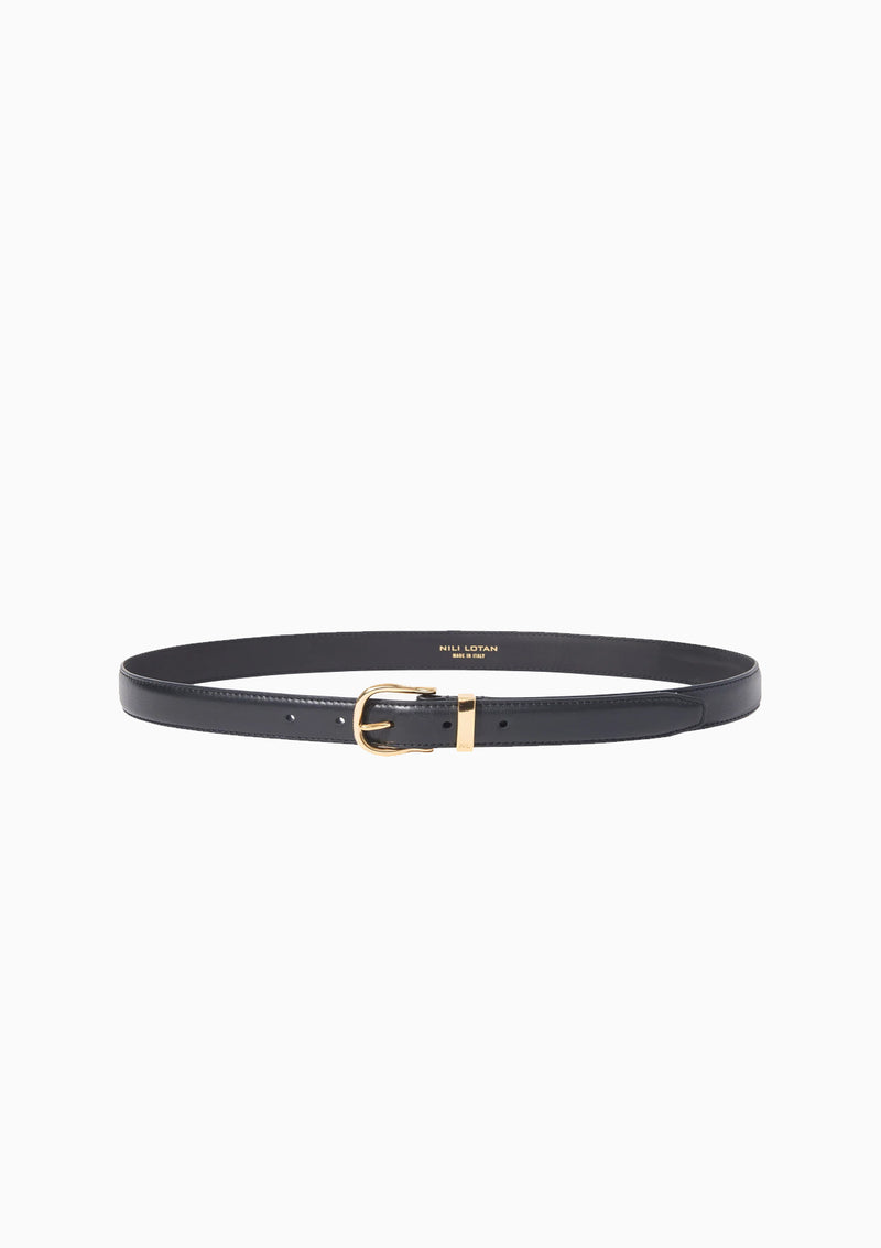 Louise Flat Calfskin Belt | Black/Shiny Brass