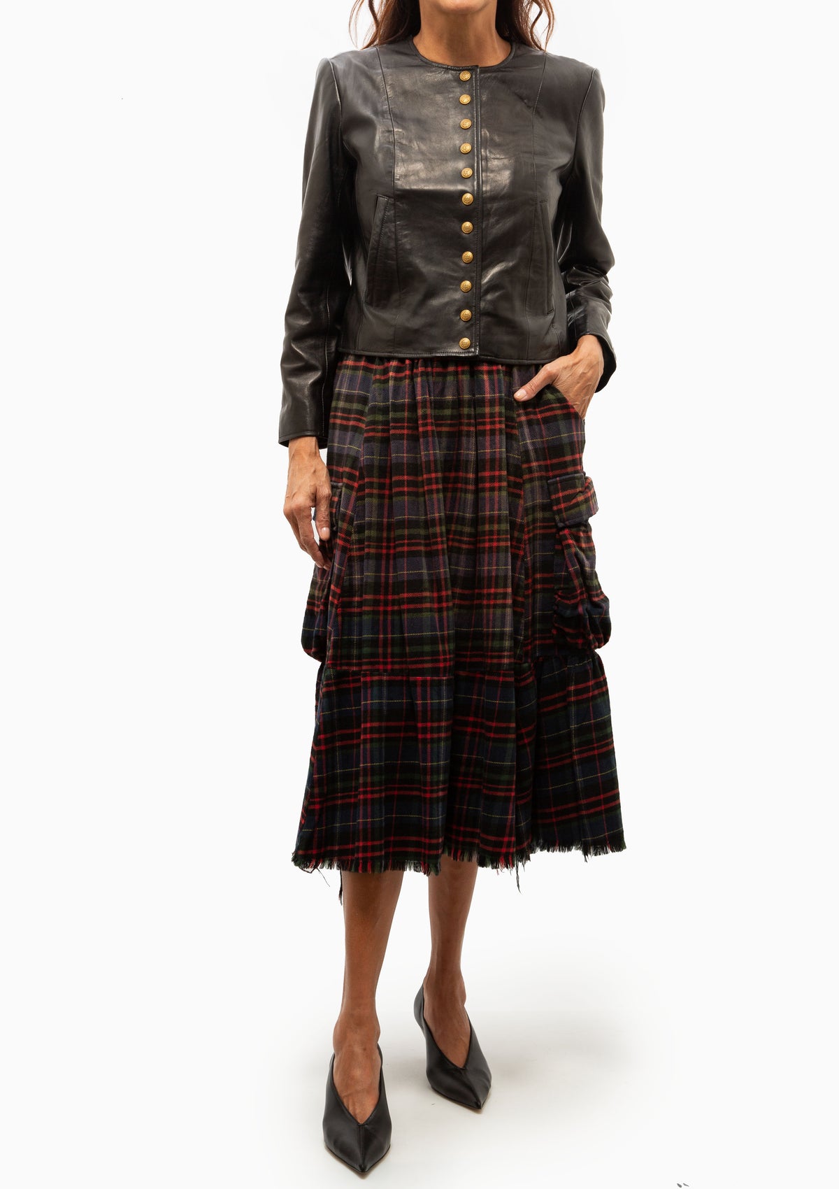 Raw Hem Gathered Cargo Skirt | Navy Green Plaid