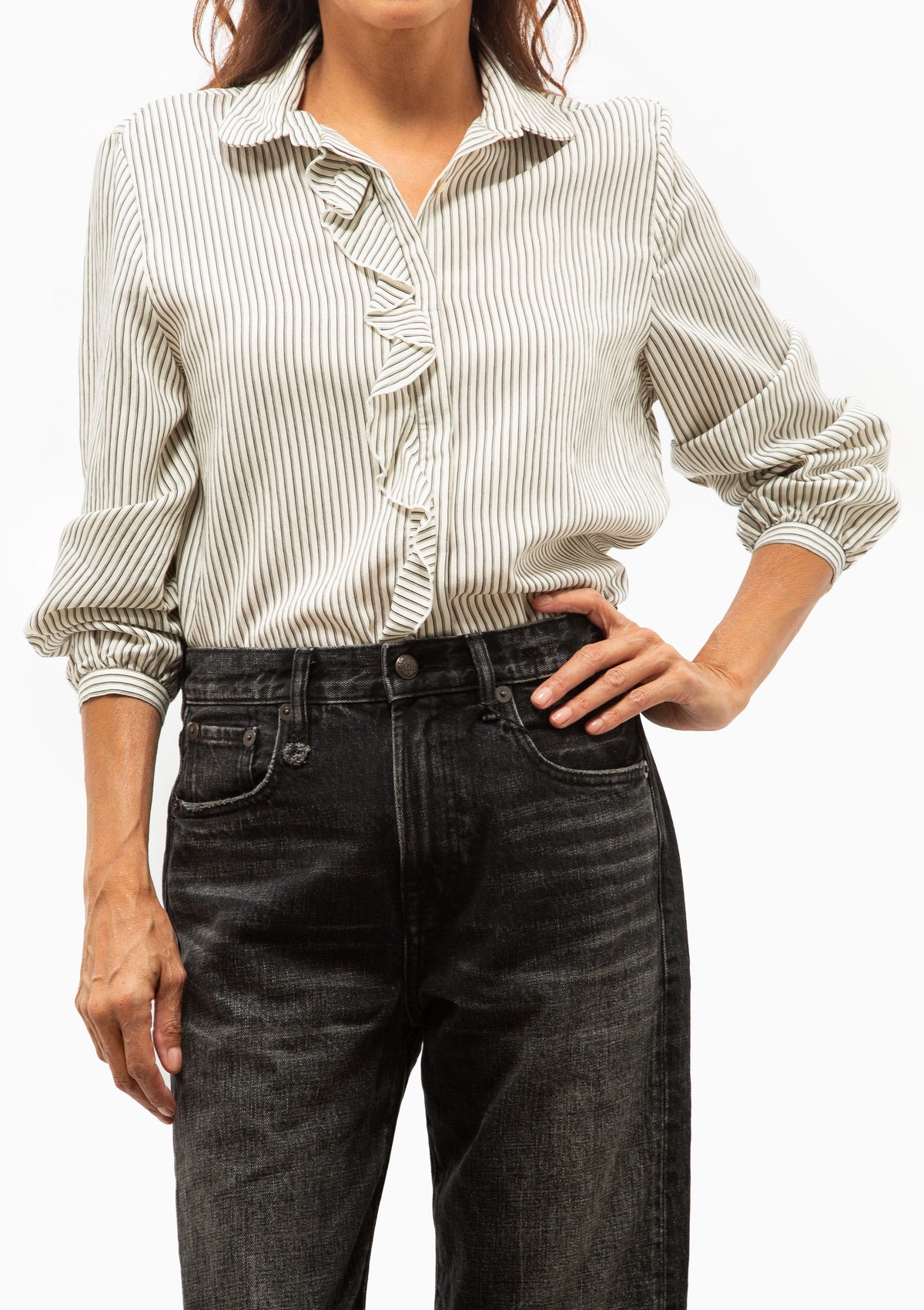 Shrunken Ruffle Shirt | White & Black Stripe