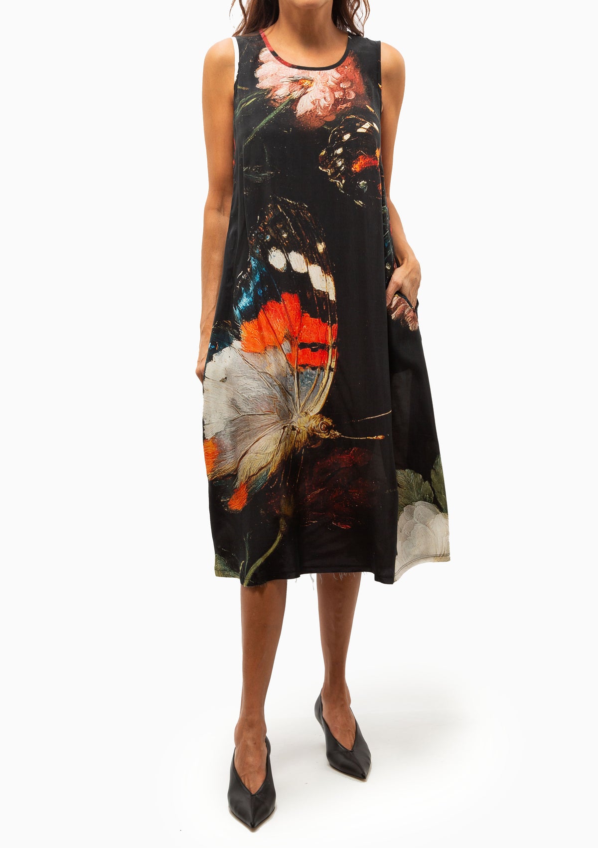 Sleeveless Midi | Multicolor On Black Large Butterfly