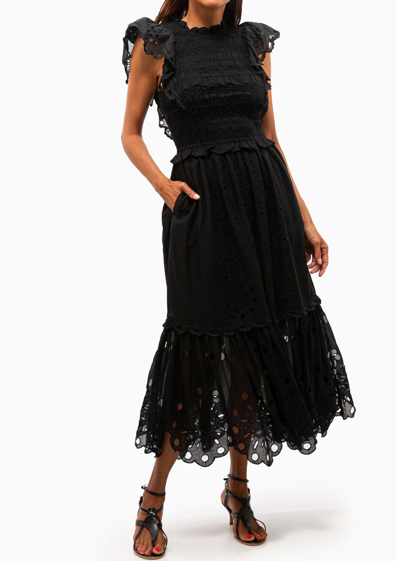 Addie Eyelet Flutter Sleeve Dress | Black