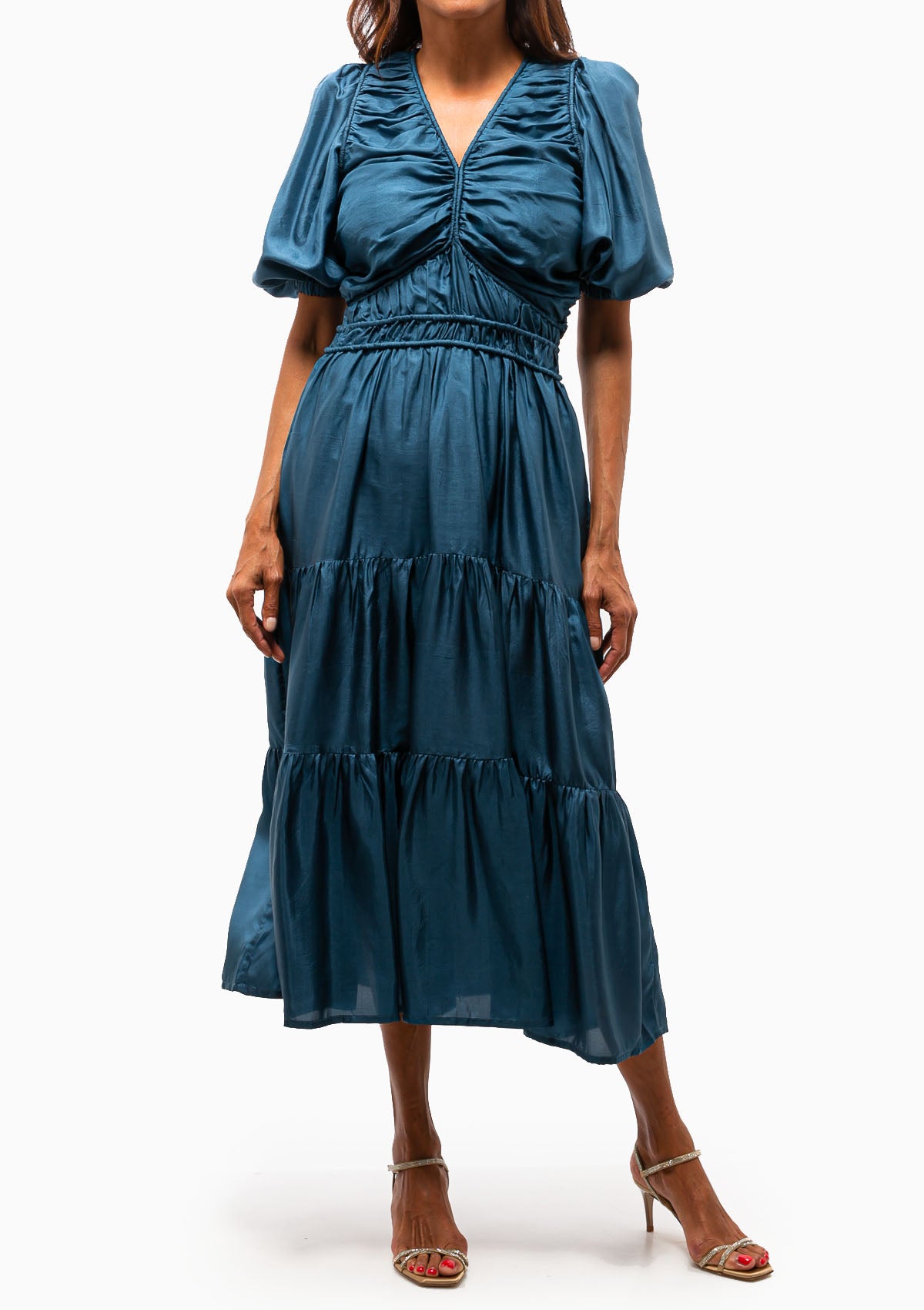 Kyle Silk Puff Sleeve V-Neck Dress | Blue