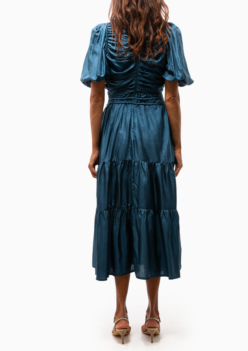 Kyle Silk Puff Sleeve V-Neck Dress | Blue