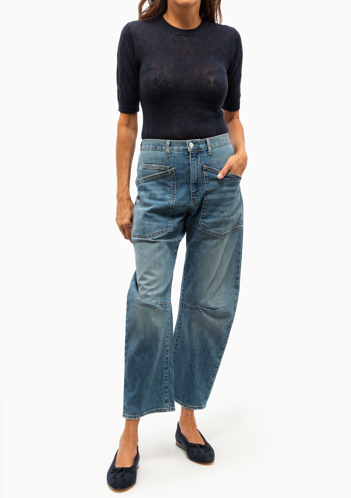Jane Argyle Short Sleeve Sweater | Navy
