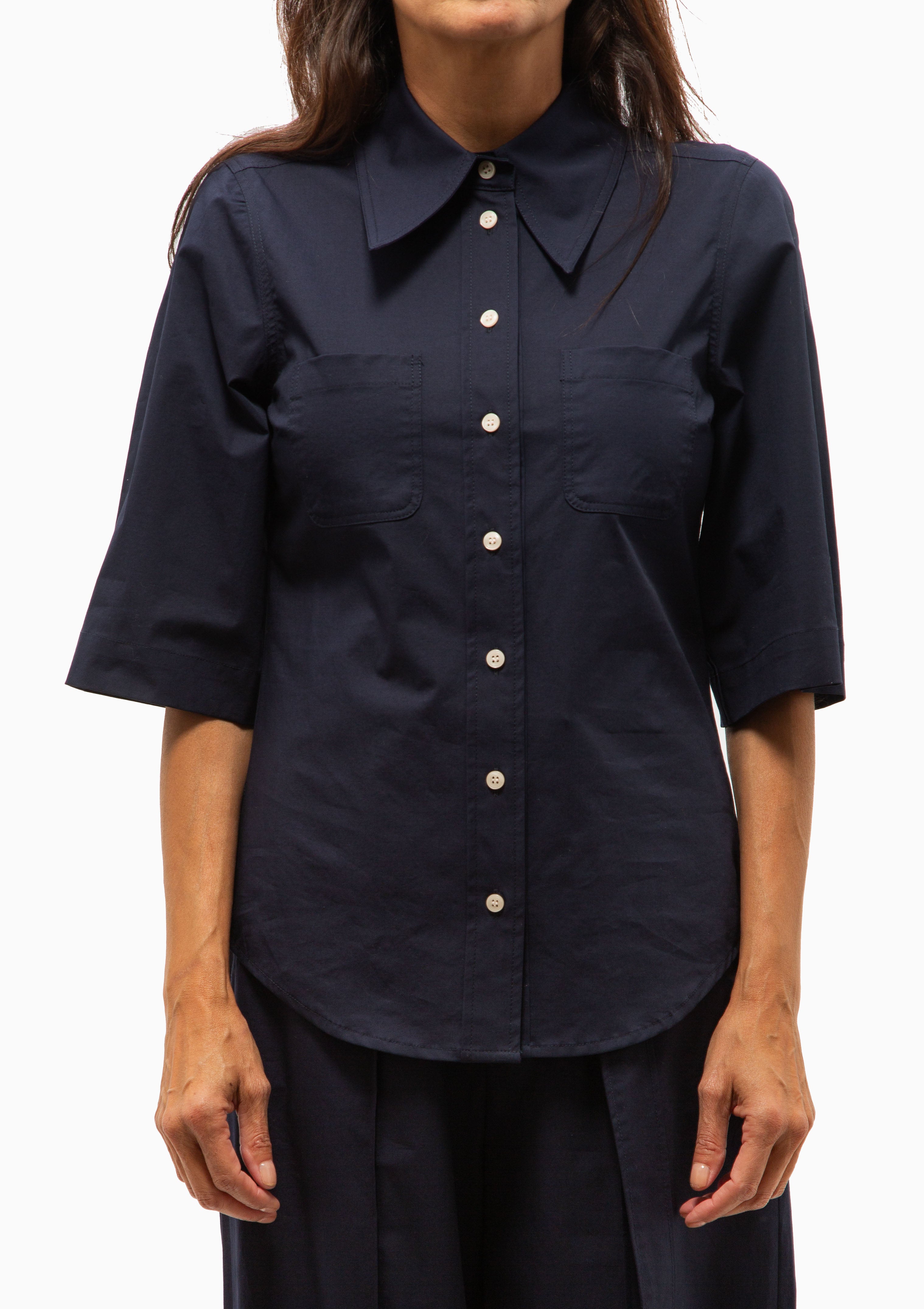 3/4 Sleeve Point Collar Shirt | Navy Poplin