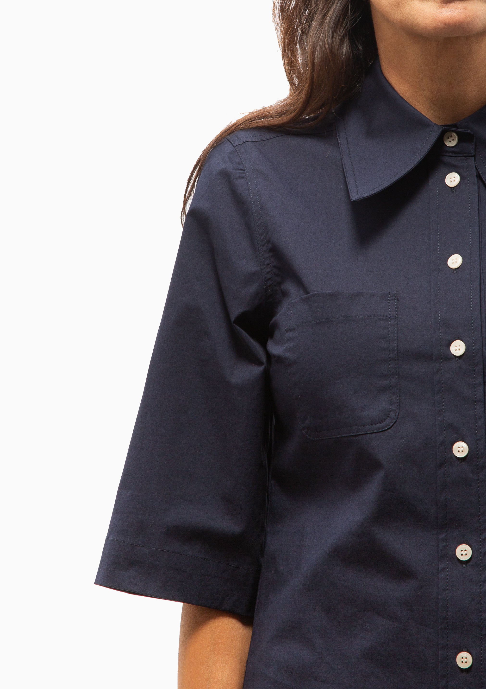 3/4 Sleeve Point Collar Shirt | Navy Poplin