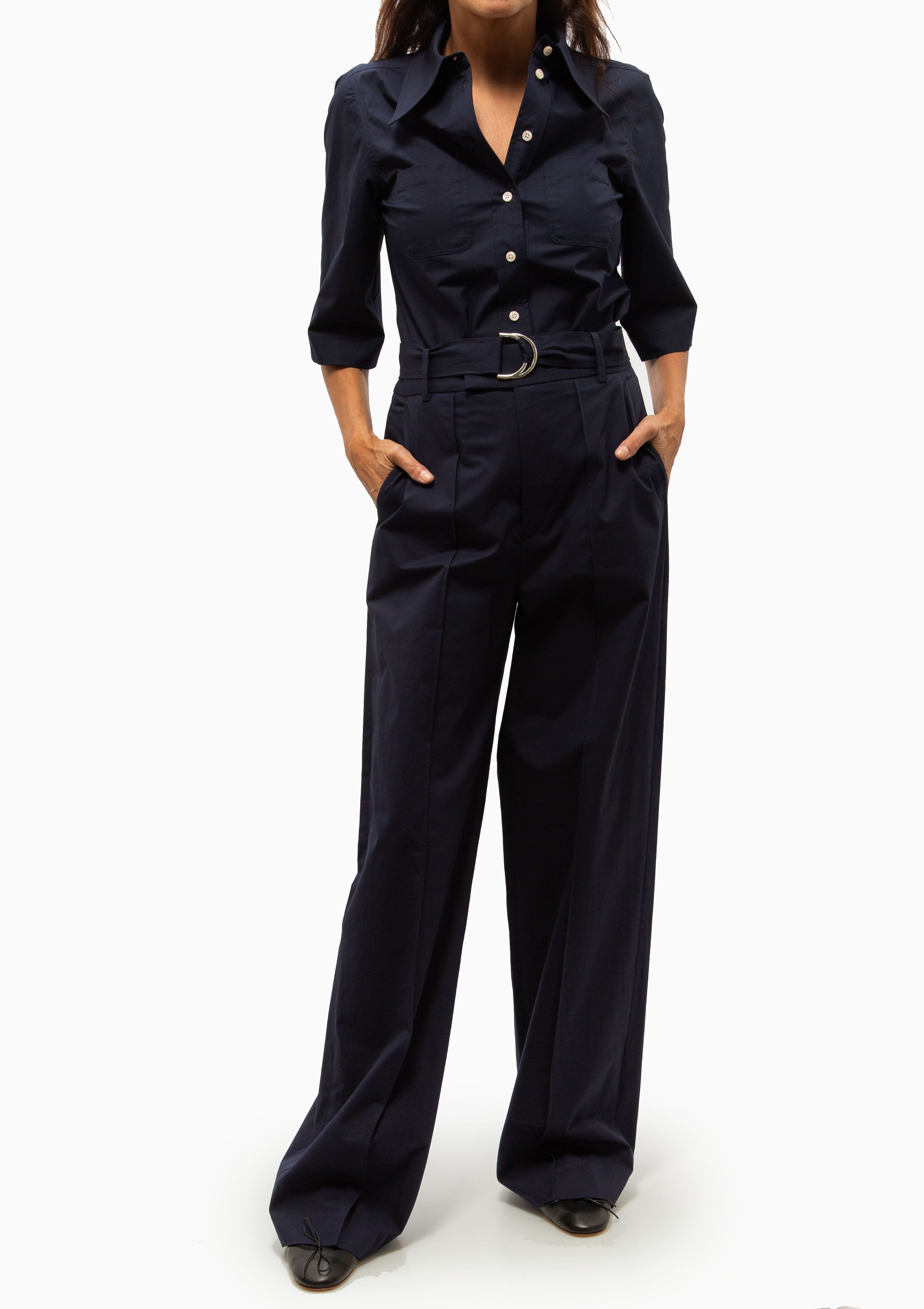 3/4 Sleeve Point Collar Shirt | Navy Poplin