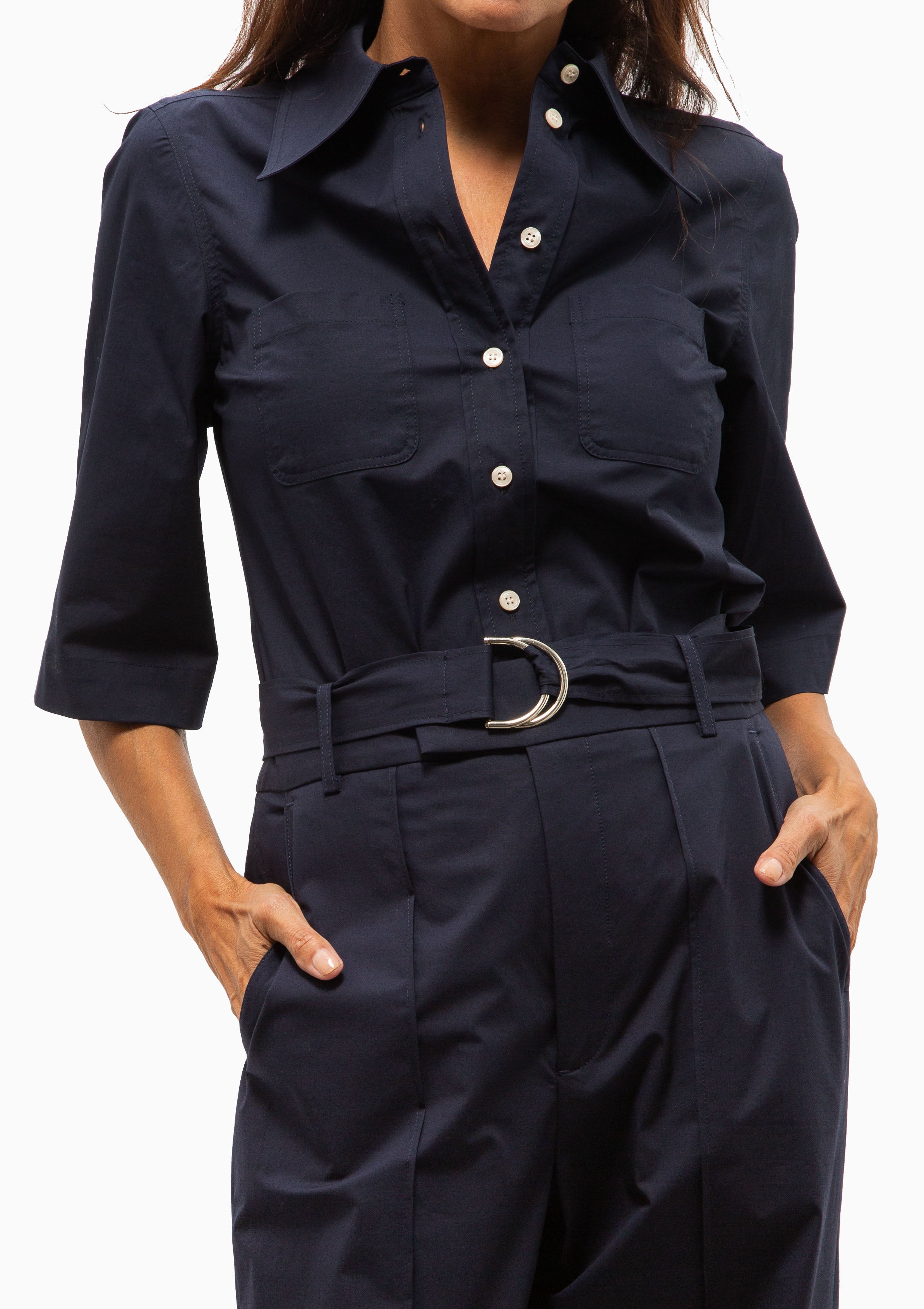 3/4 Sleeve Point Collar Shirt | Navy Poplin
