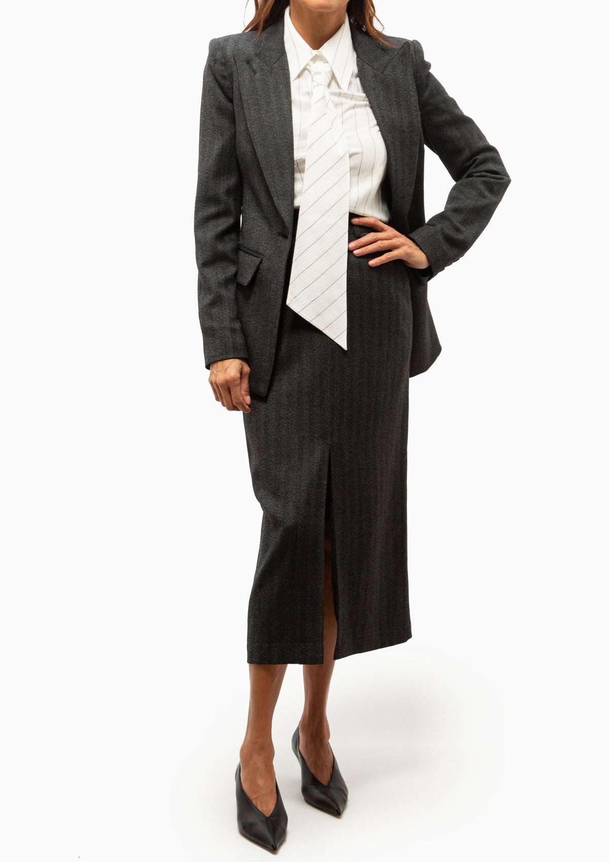 Front Slit Trouser Skirt | Slate Herringbone