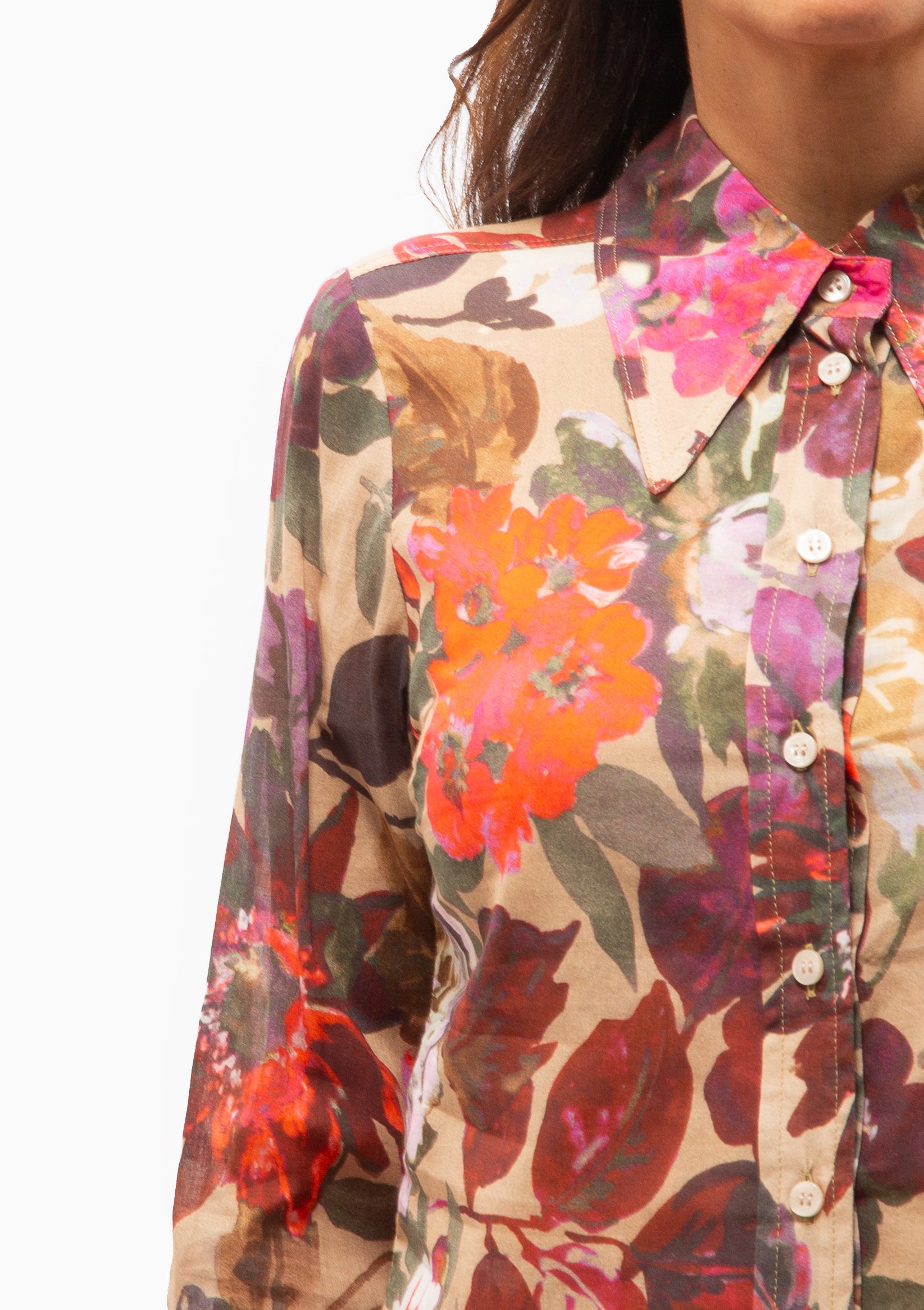 Point Collar Shirt | Tan Floral