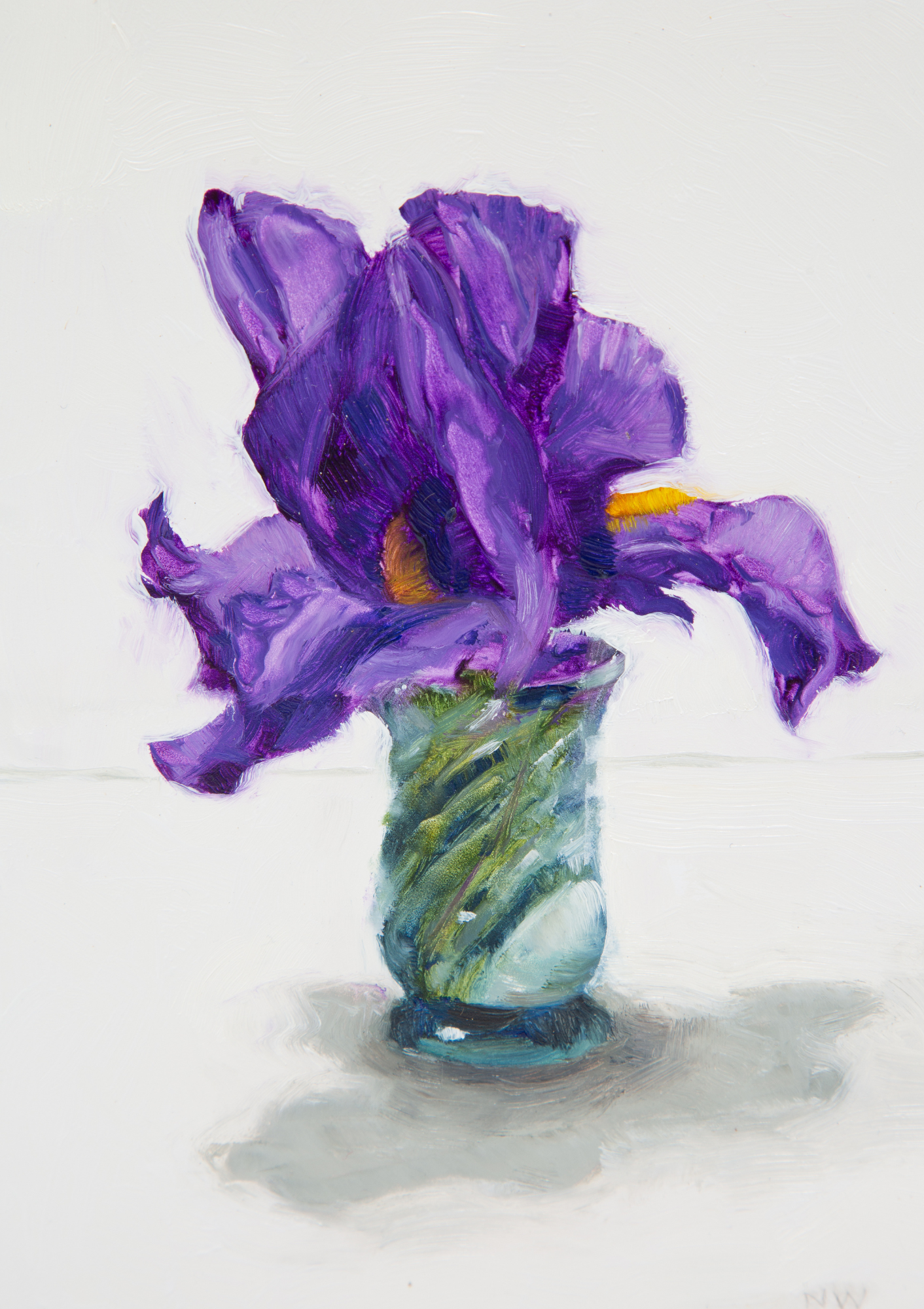 Purple Iris Green Glass Oil Painting On Panel | 7"x5"