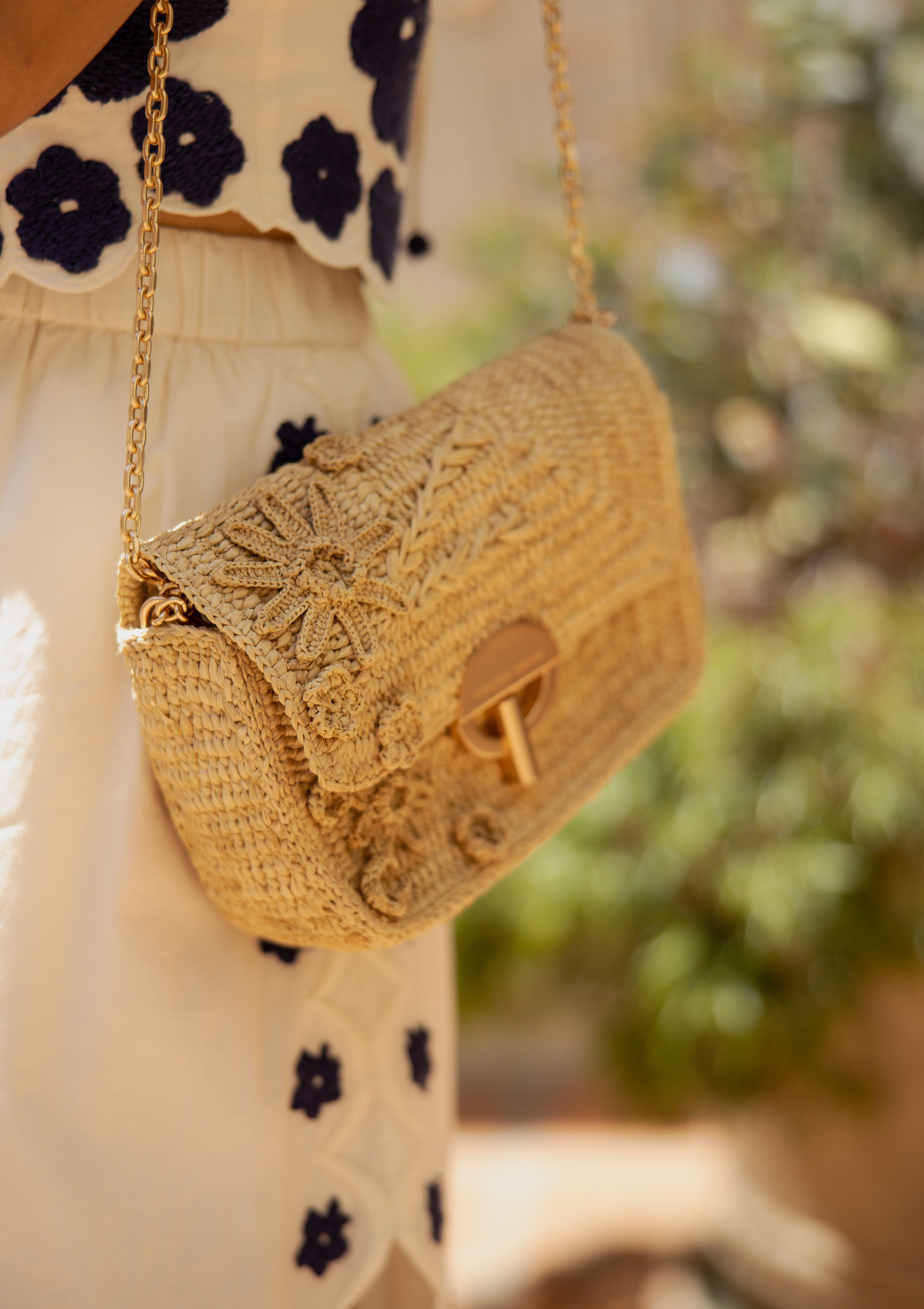 Raffia Floral Moon Bag | Naturel