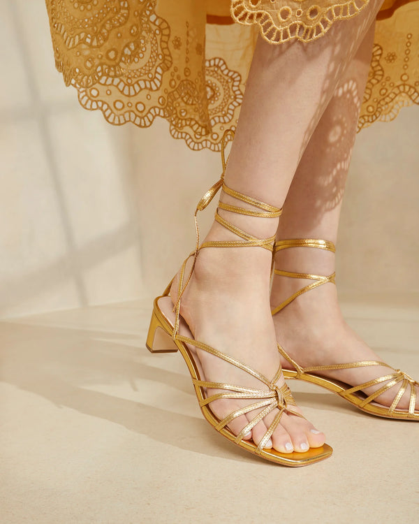 Lola Knot Lace-Up Mid Heel | Gold