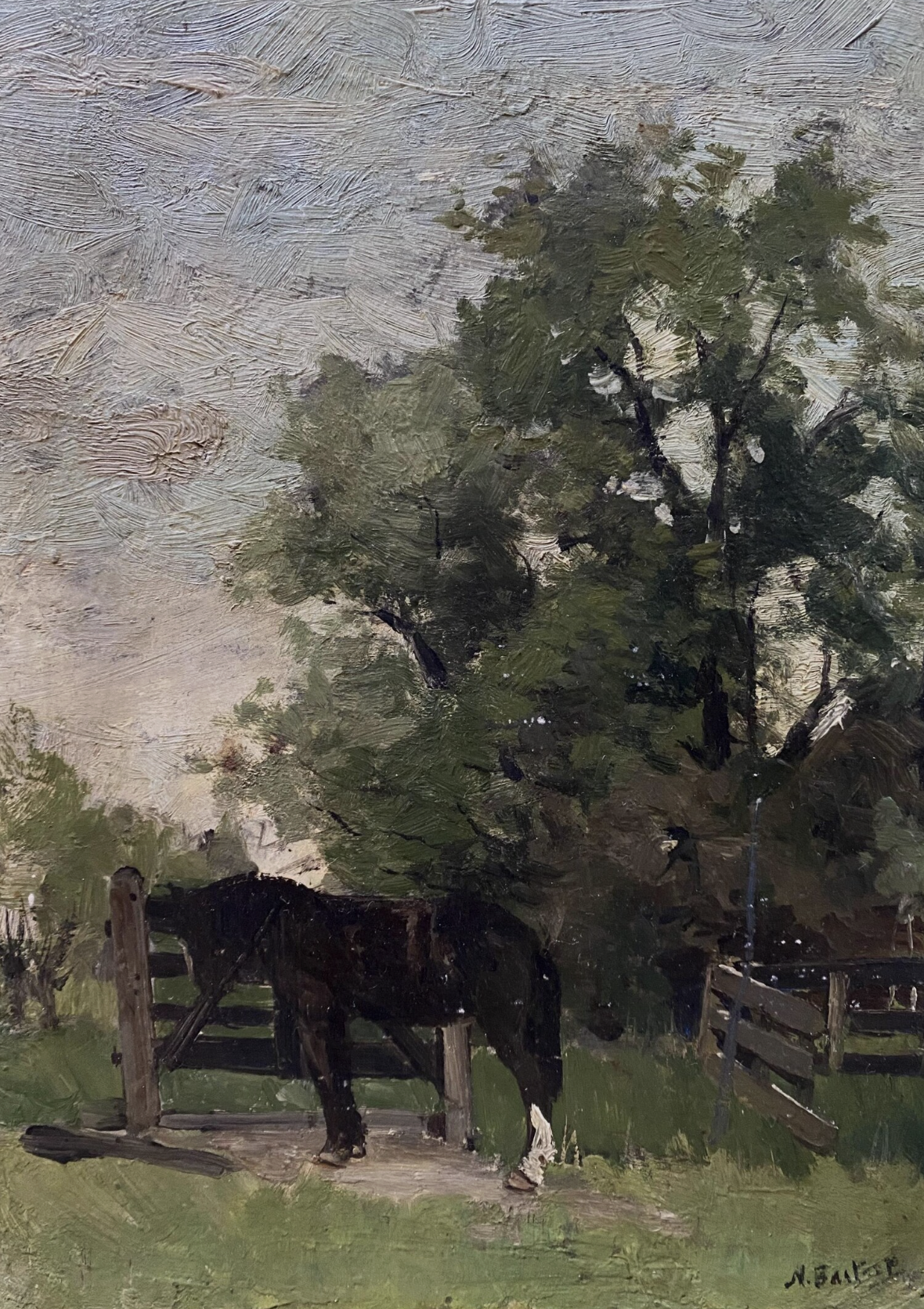 Original Antique Dutch Black Horse Oil Painting