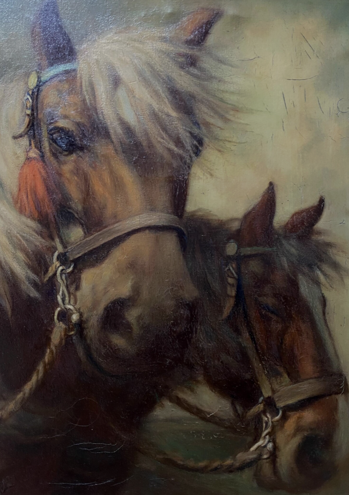 Original Antique Dutch Working Horses Portrait Oil Painting