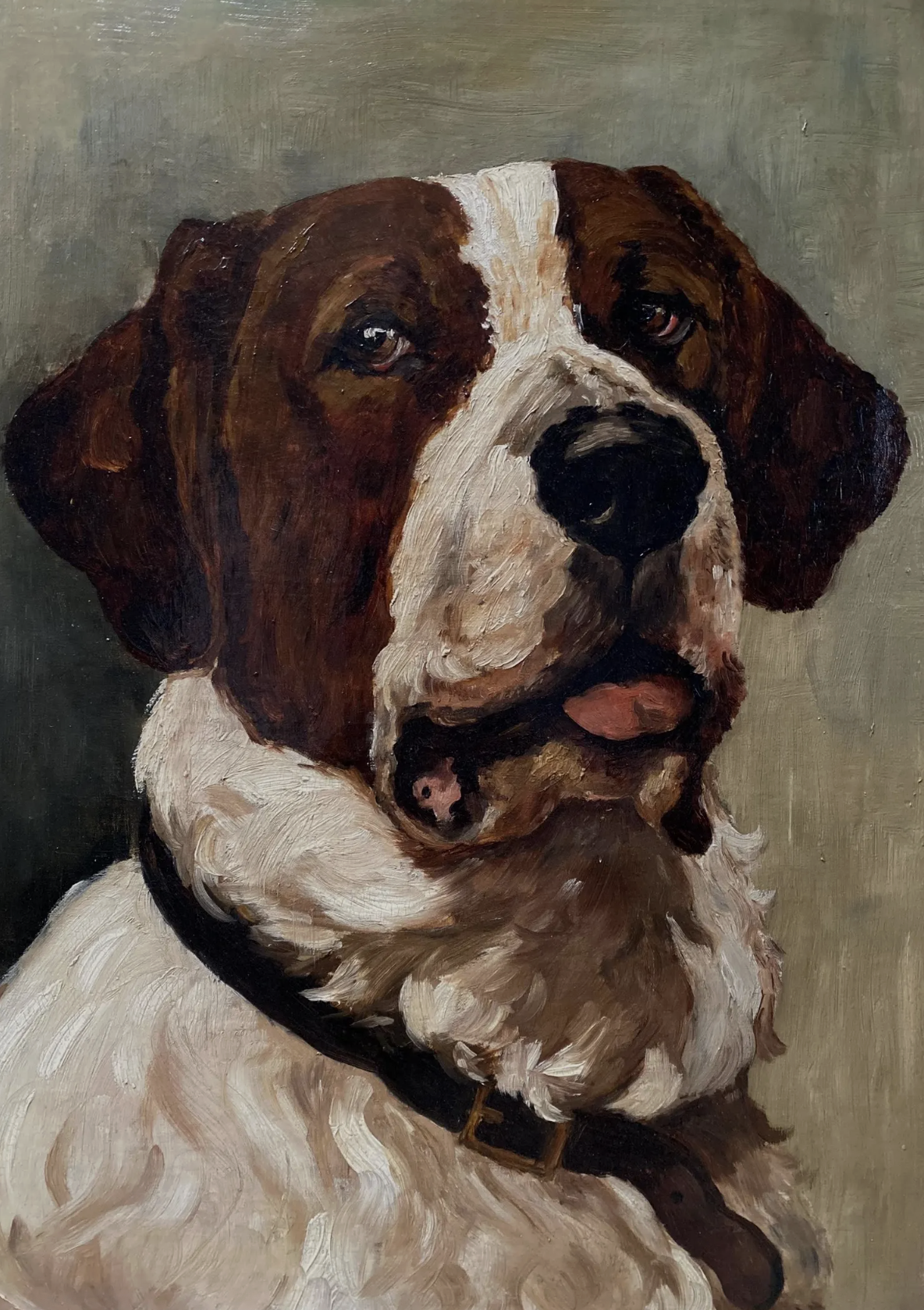 Original Antique Dutch Handsome Dog Portrait Oil Painting