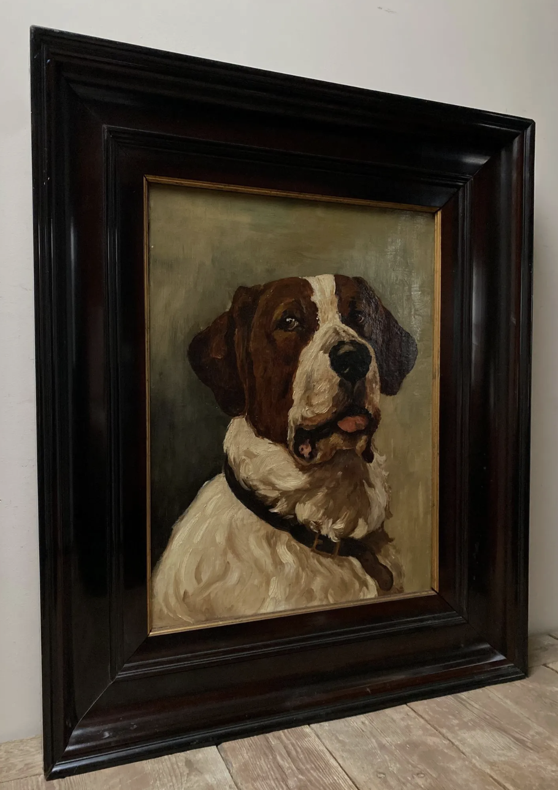 Original Antique Dutch Handsome Dog Portrait Oil Painting