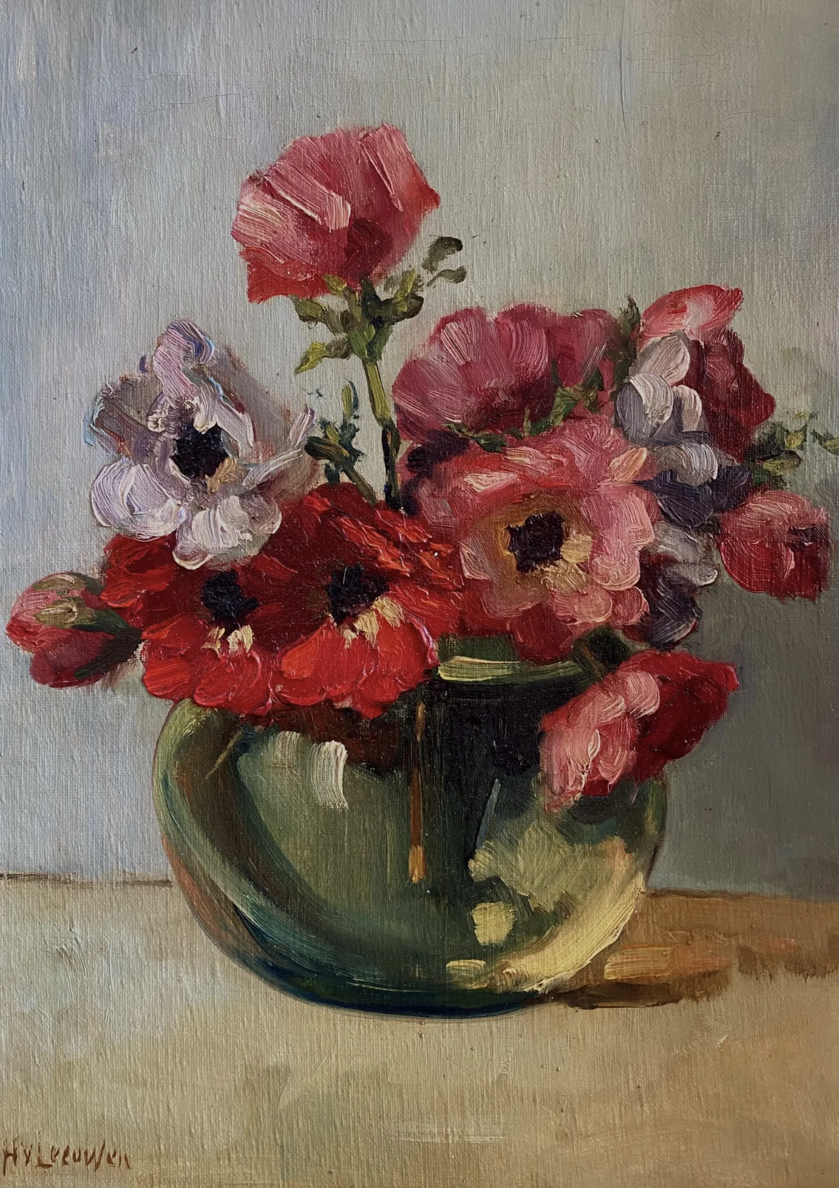 Original Antique Dutch Anemones Oil Painting