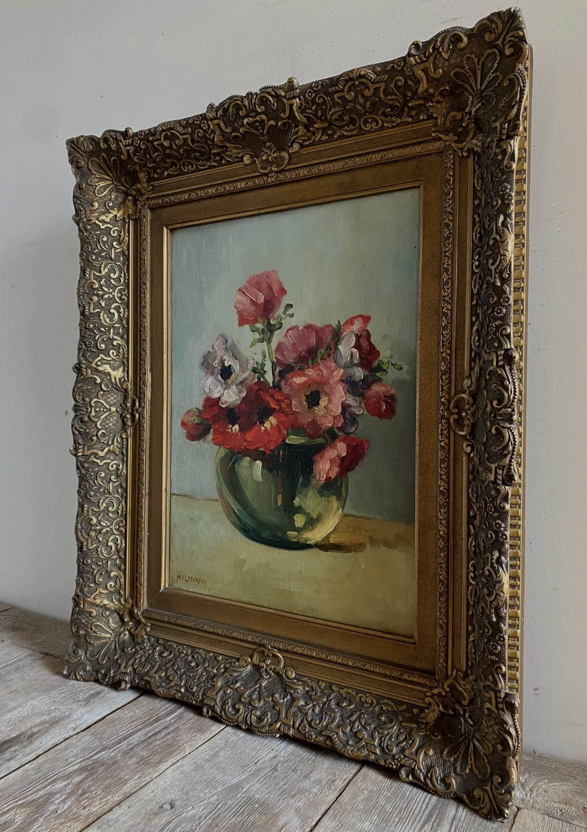 Original Antique Dutch Anemones Oil Painting