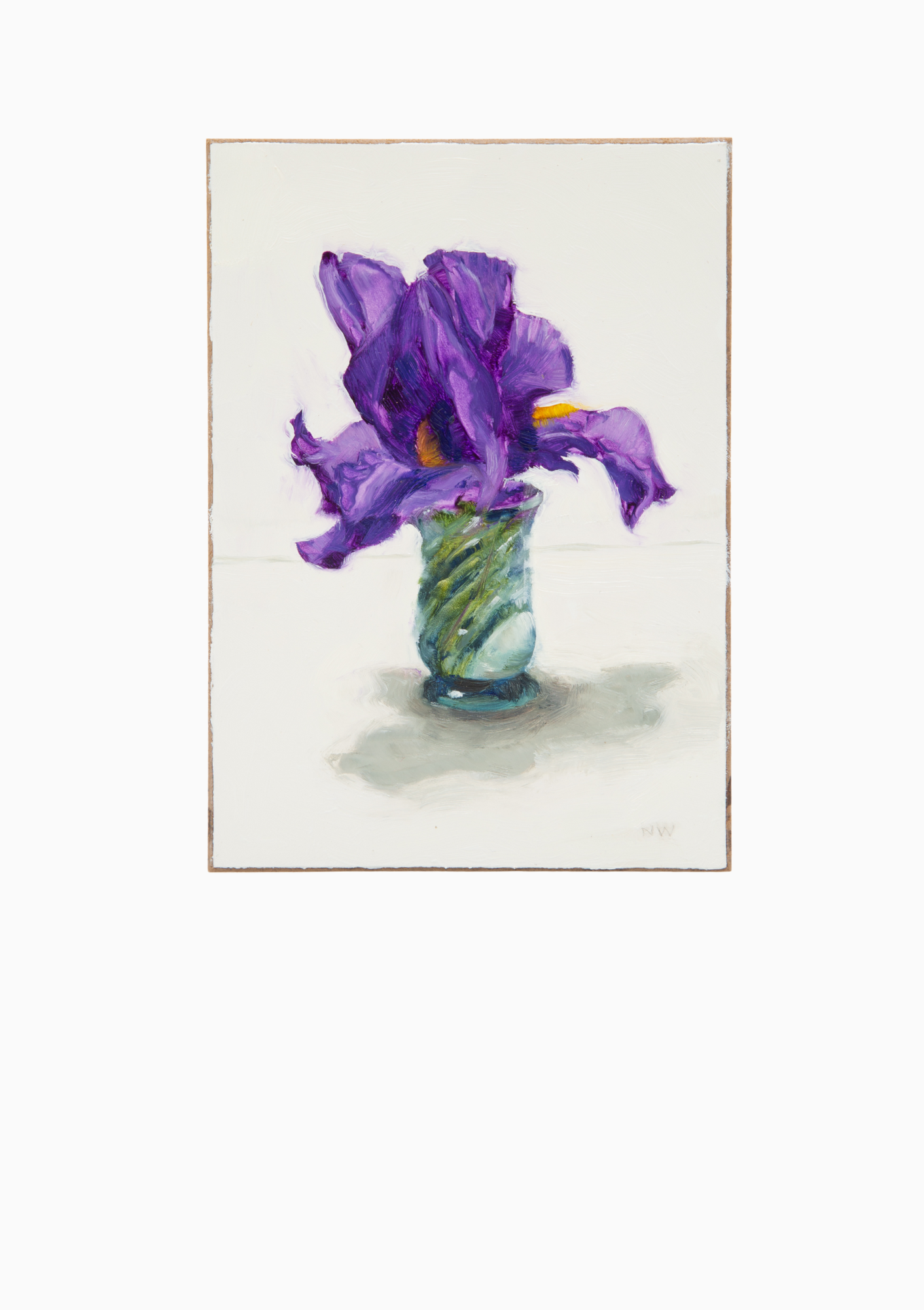 Purple Iris Green Glass Oil Painting On Panel | 7"x5"