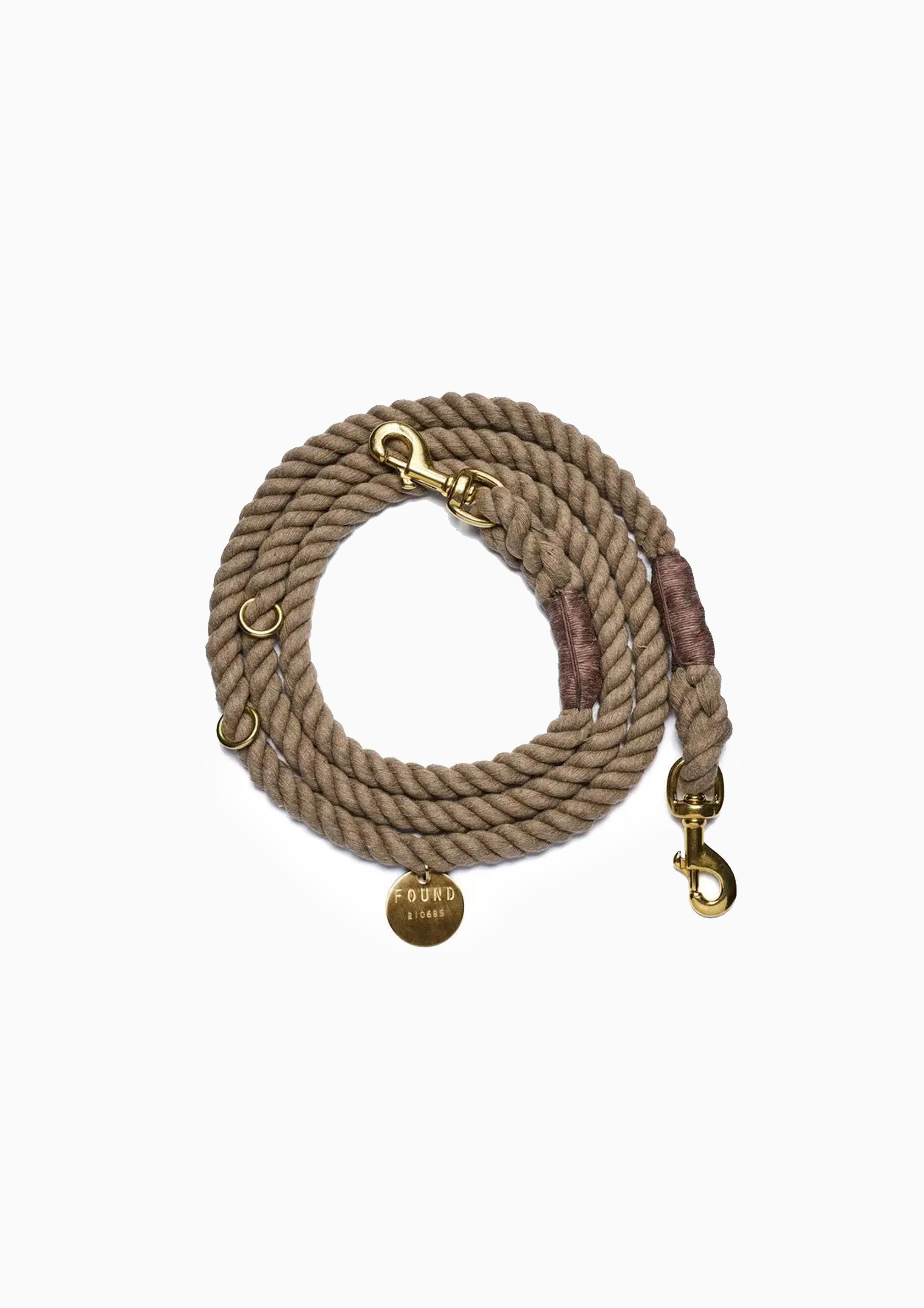 Adjustable Rope Dog Leash Bolt Snaps, Dark Tan | Medium