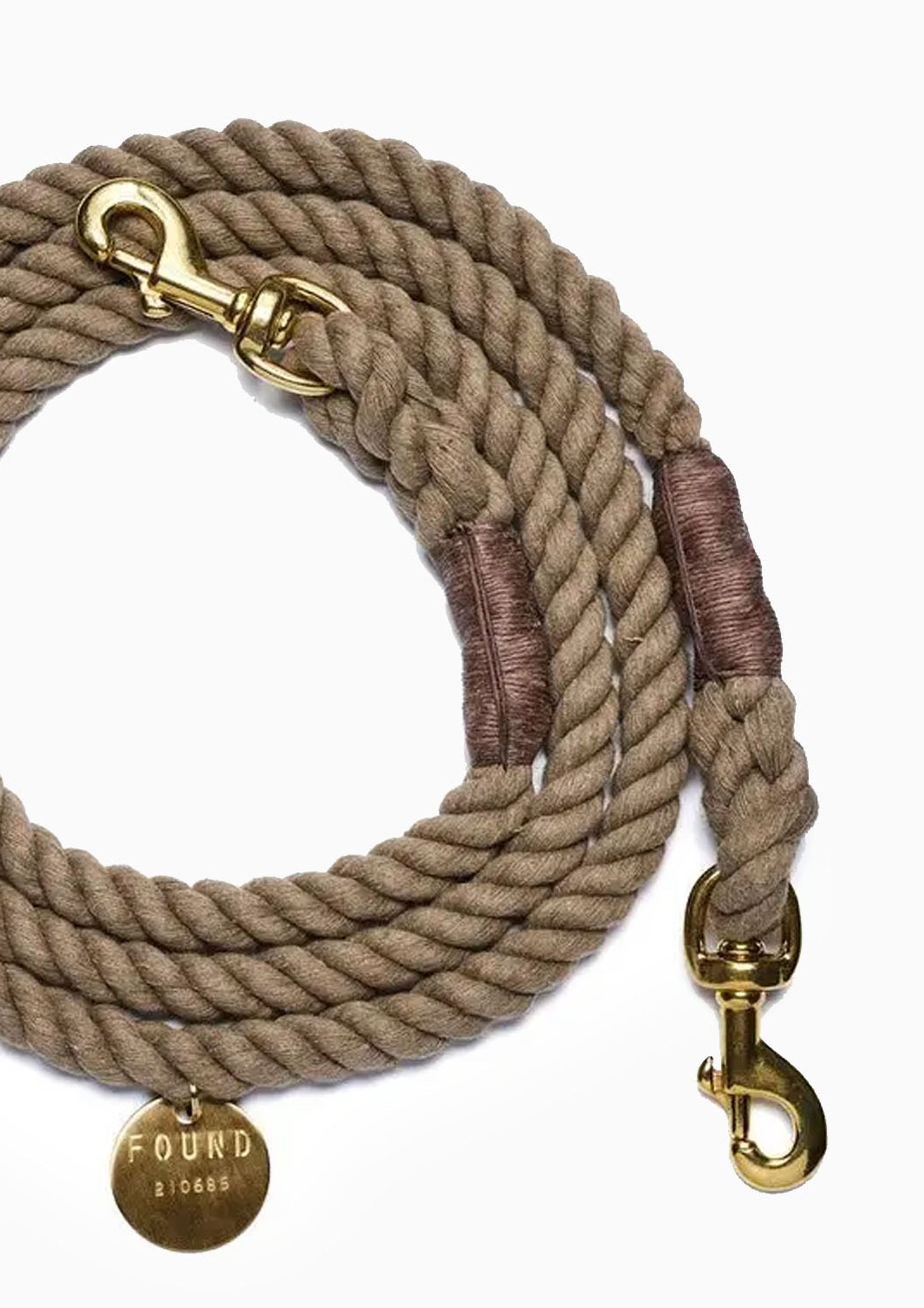 Adjustable Rope Dog Leash Bolt Snaps, Dark Tan | Medium