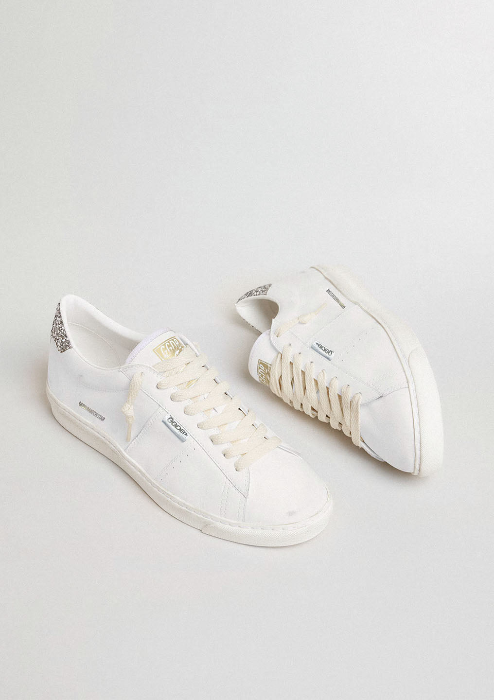 Matchstar Sneaker Leather Glitter Heel Tab | Optic White/Silver