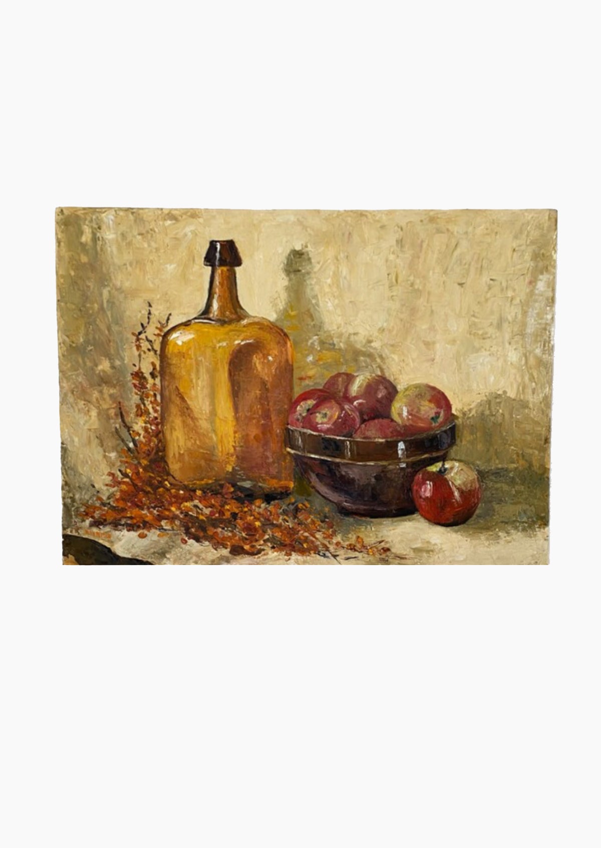 Still Life, Bottle & Fruit Vintage Mid Century Original Oil Painting | 24” x 18”