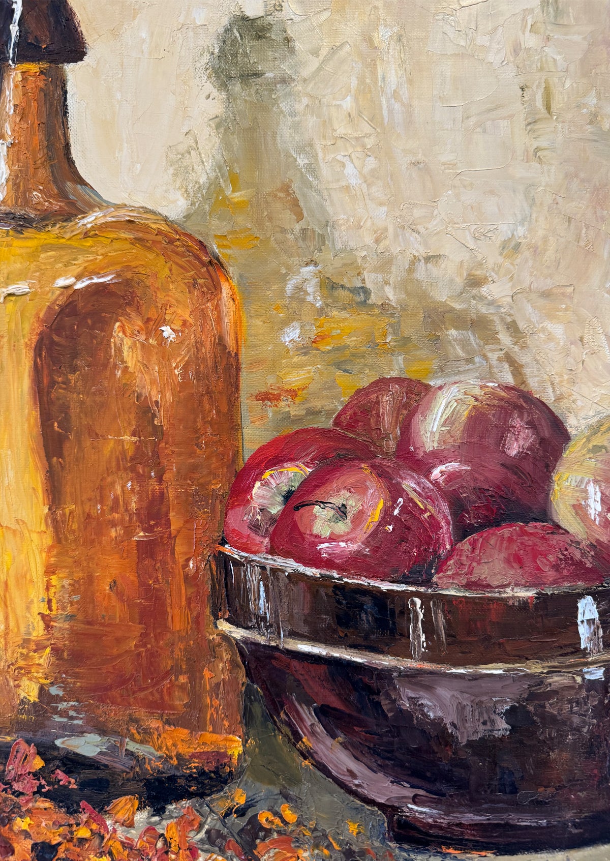 Still Life, Bottle & Fruit Vintage Mid Century Original Oil Painting | 24” x 18”