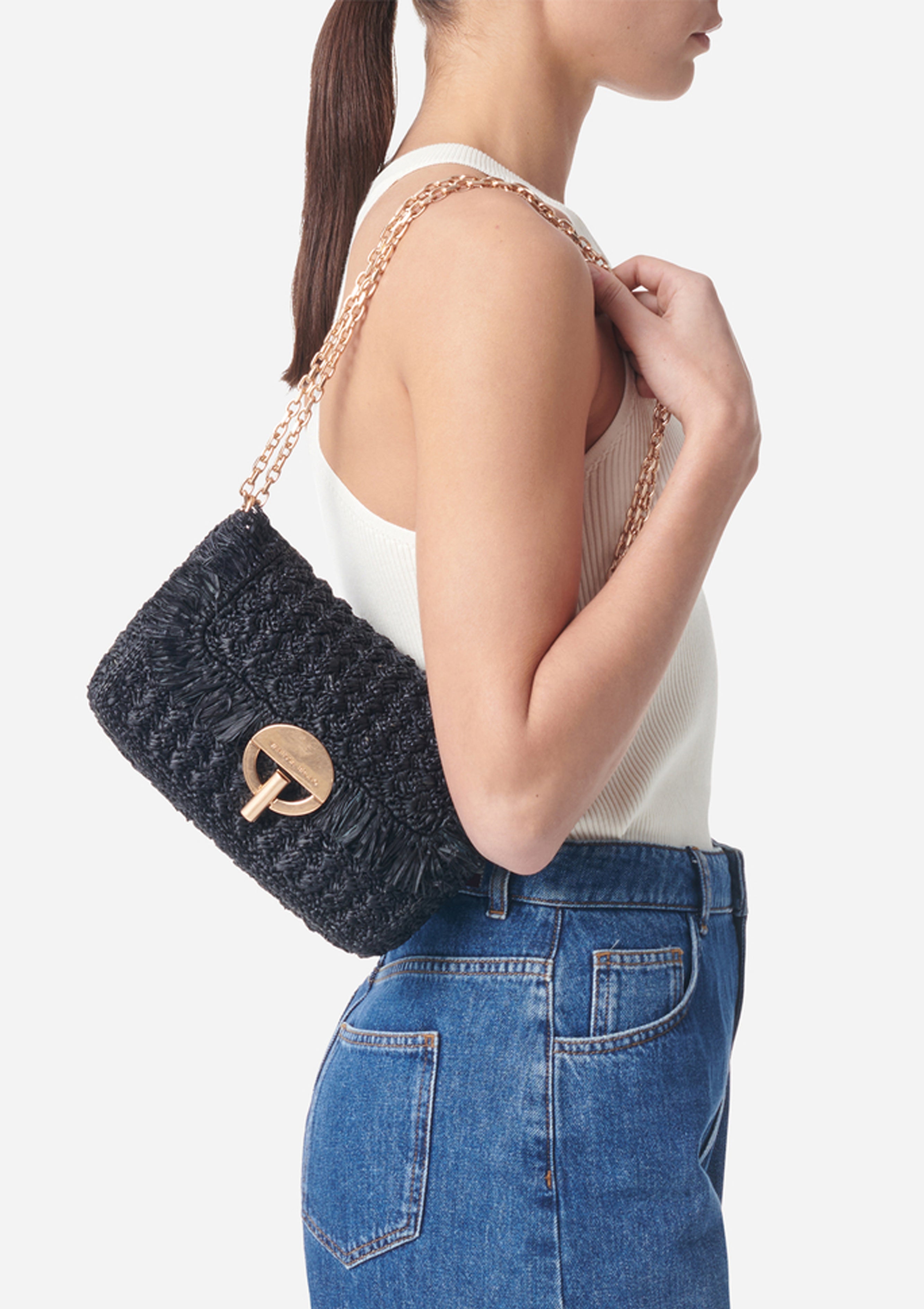 Medium Raffia Moon Bag | Noir