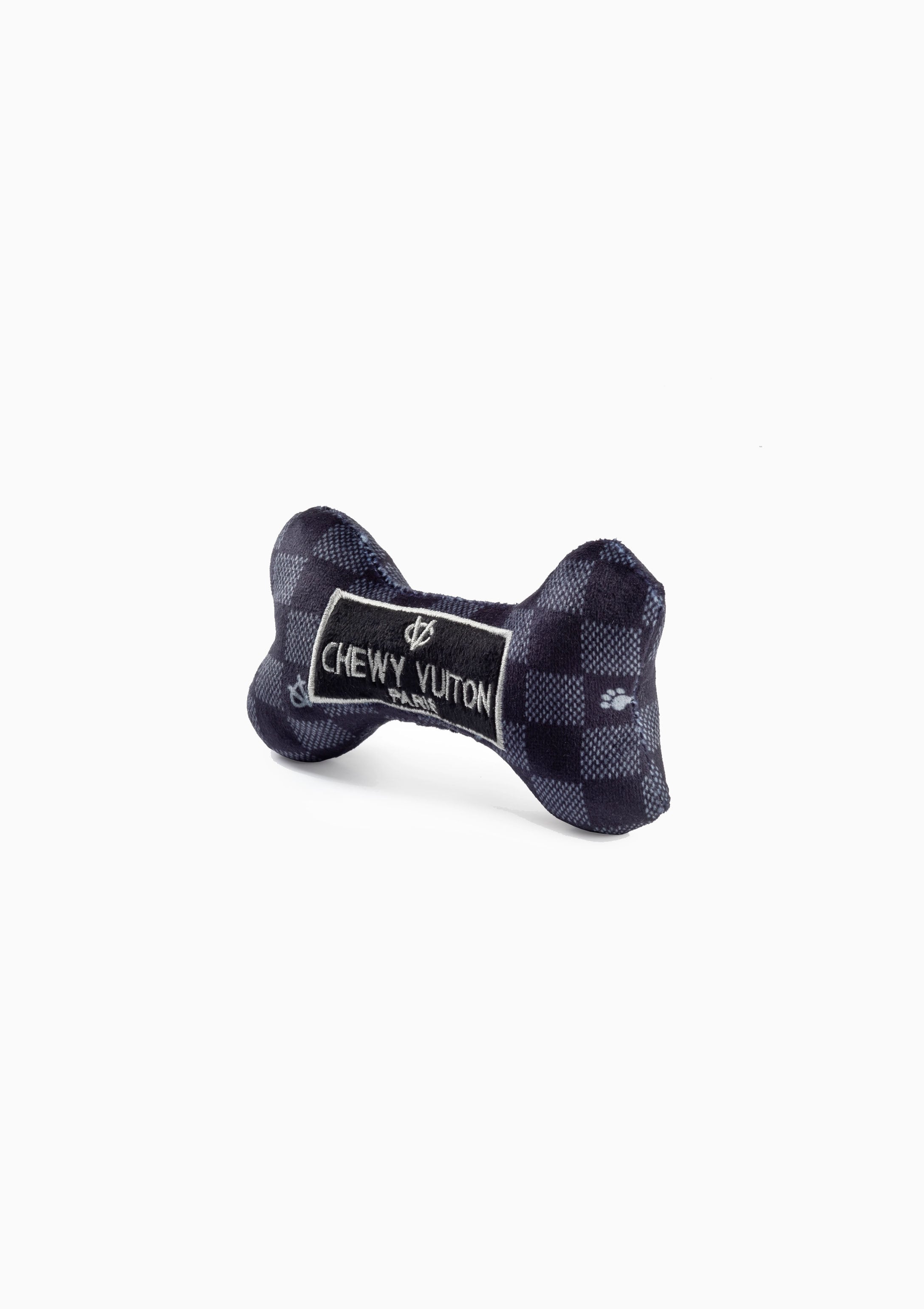 Black Checker Chewy Vuiton Bone Squeaker Dog Toy | Small