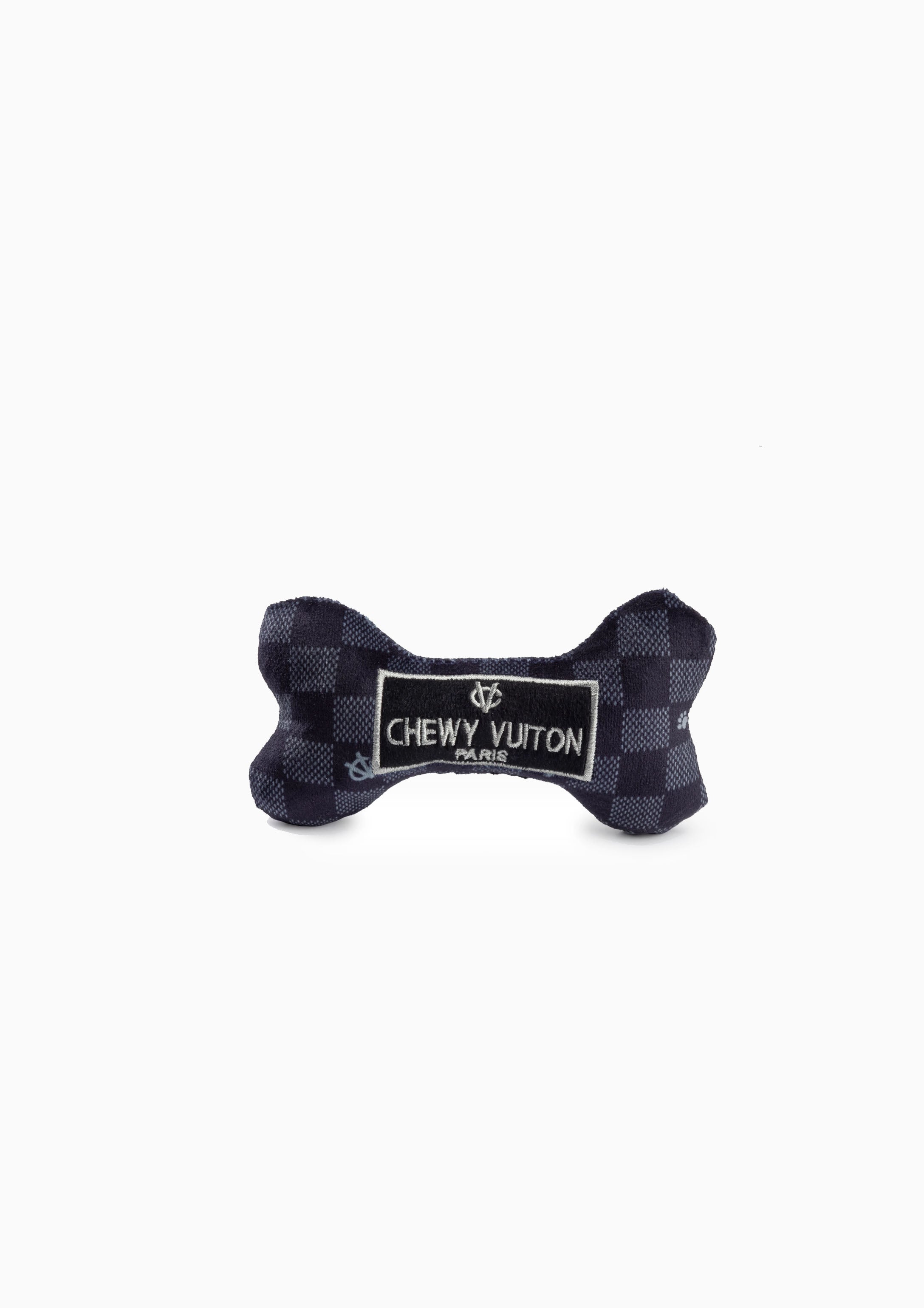 Black Checker Chewy Vuiton Bone Squeaker Dog Toy | Small