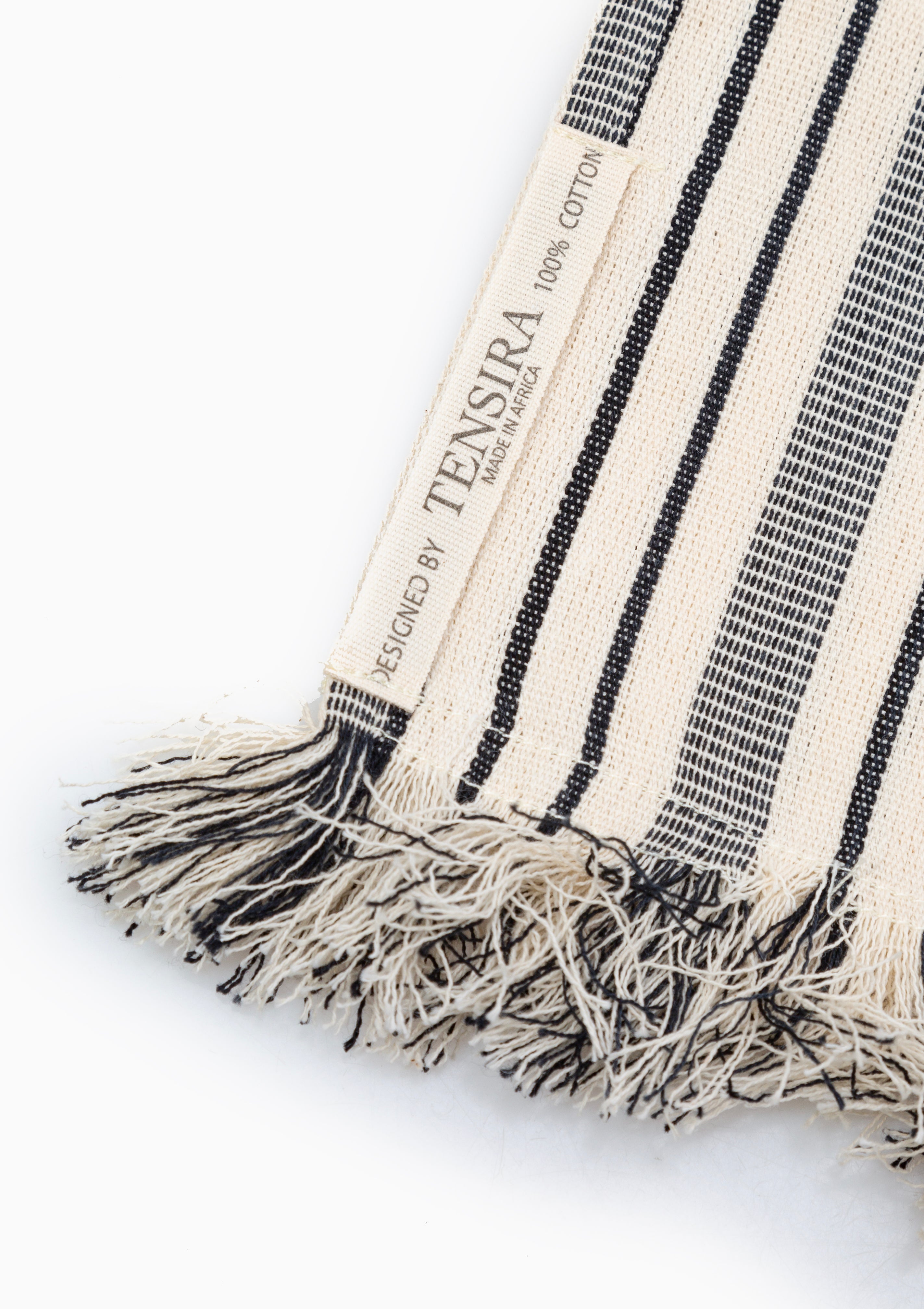 Table Runner With Fringes, Natural/Navy Quad Stripe | 18" x 120"
