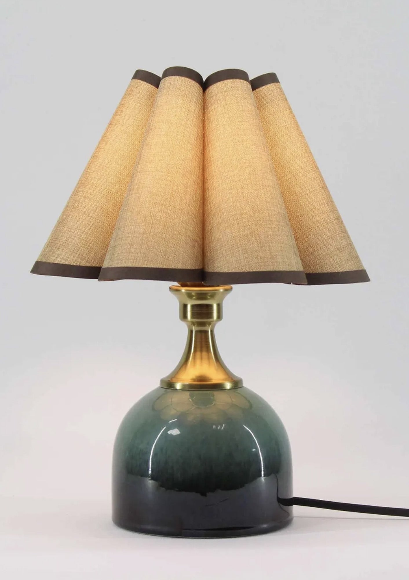 Handmade Duzy Cotton Linen Lampshade With Brown Trim Ceramic Base | Khaki/Dark Green