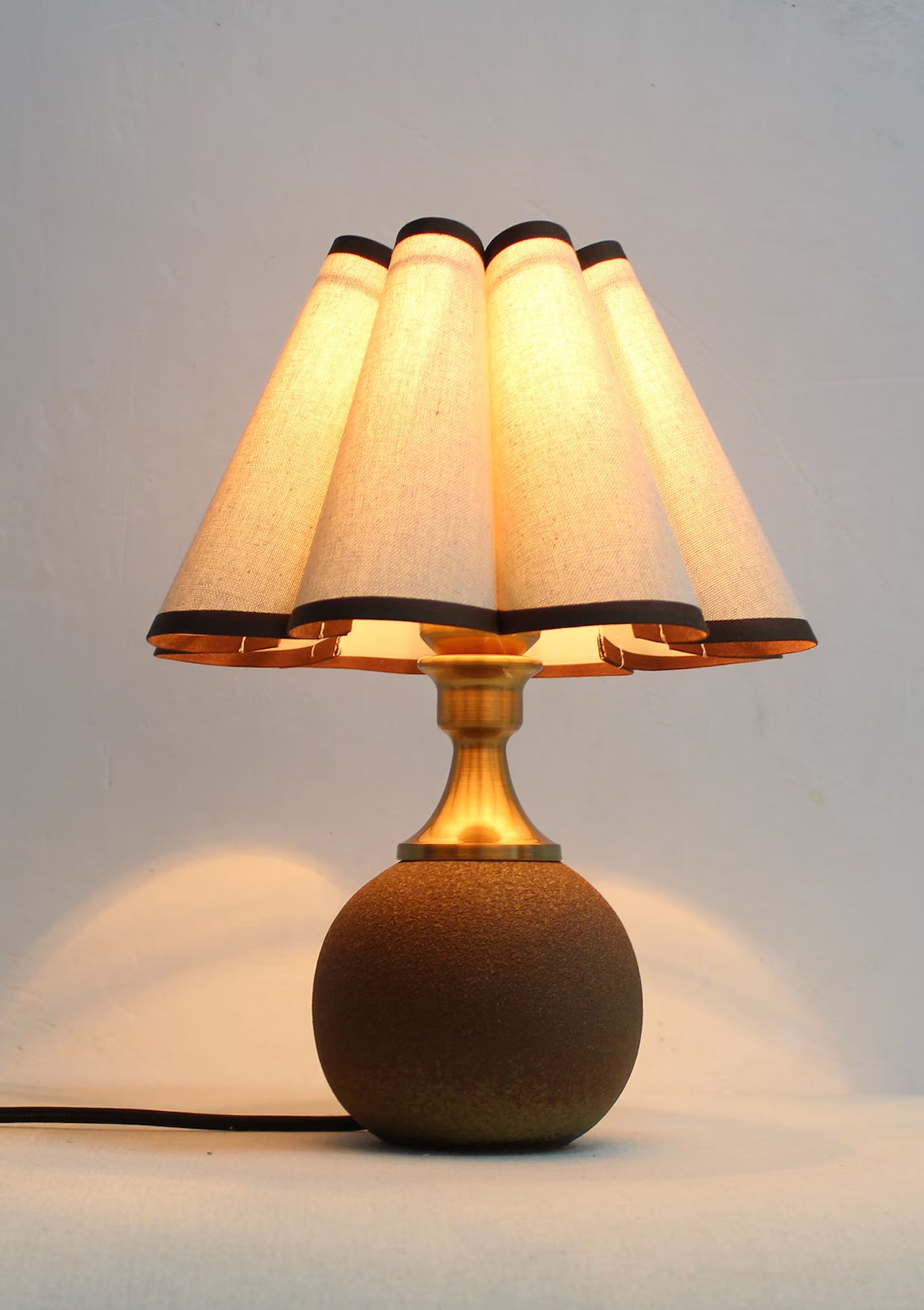 Handmade Duzy Lampshade With Trim & Scallop Shape Ceramic Base | Light Wheat/Copper