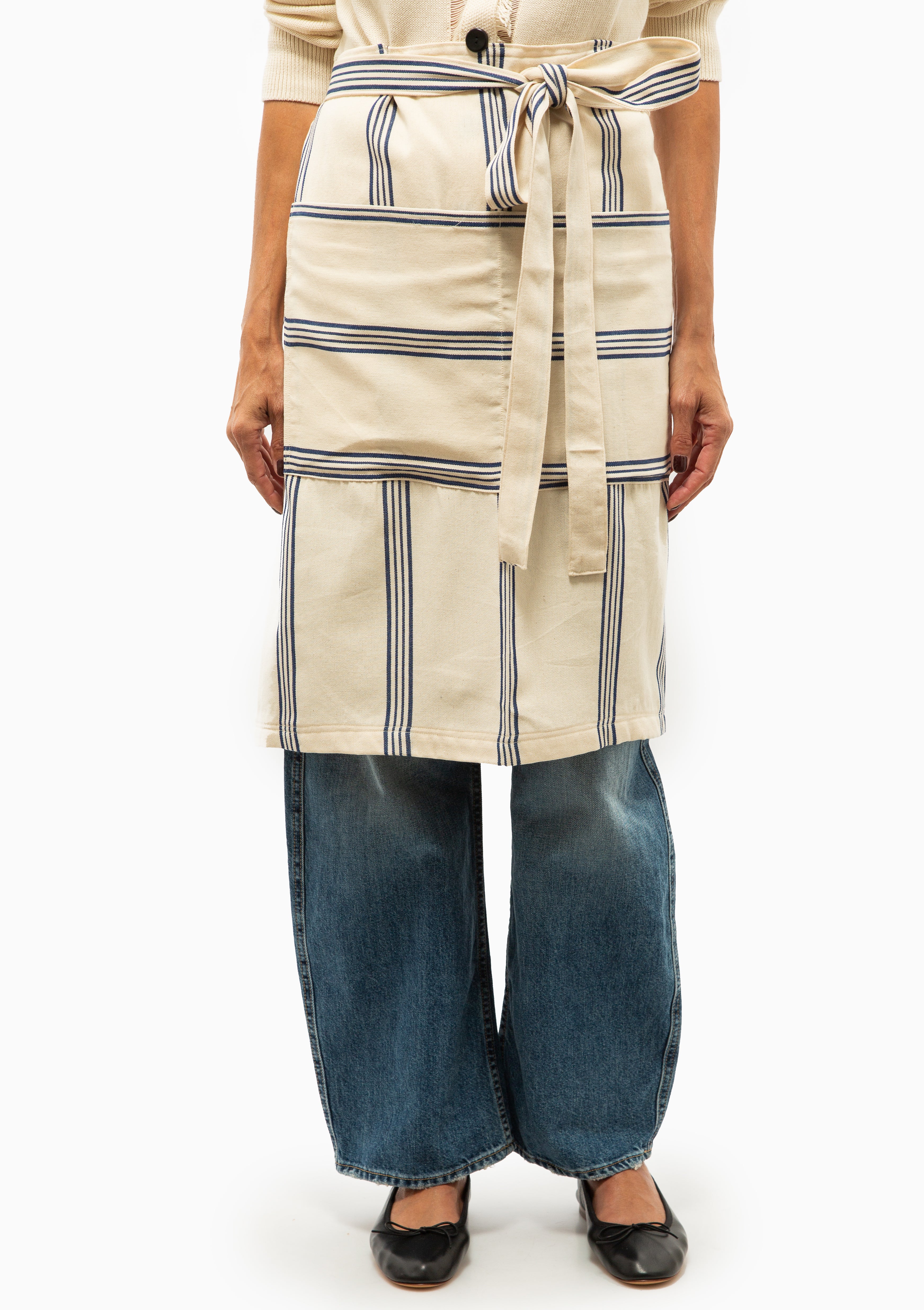 Half Apron With Pouch | Navy/Ecru Thin Stripe