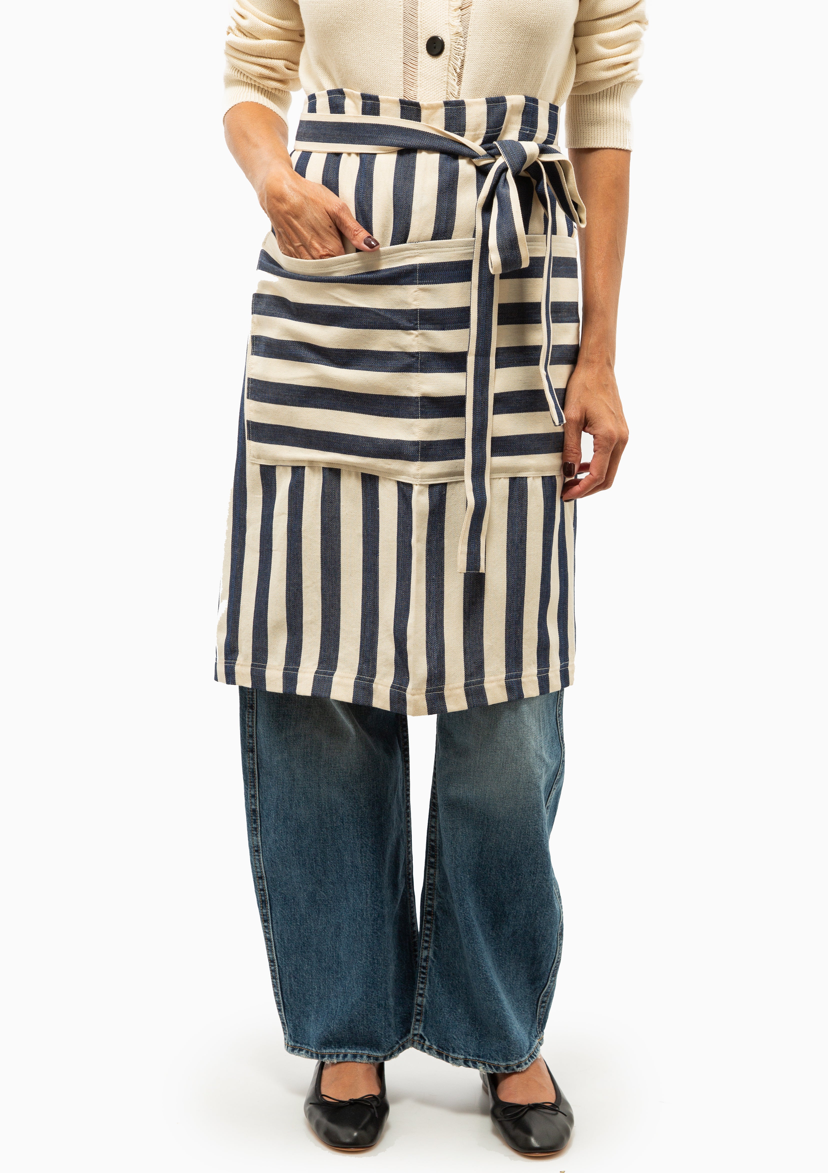Half Apron With Pouch | Navy/Off White Bold Stripe