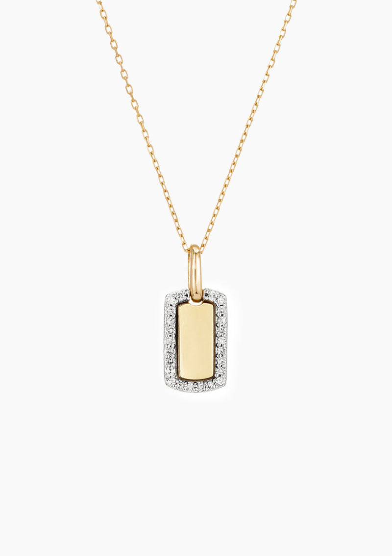 Tiny Pave Dog Tag Necklace | Yellow Gold