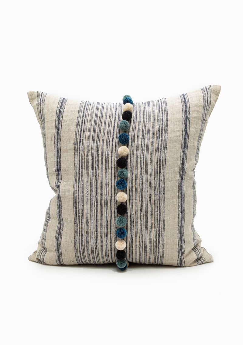 Blue Stripe Grain Sack Cushion With Poms | 20" x 20"