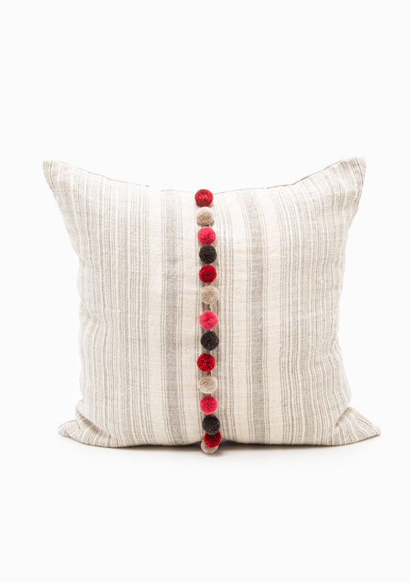 Grey Stripe Grain Sack Cushion With Red Poms | 20"x20"