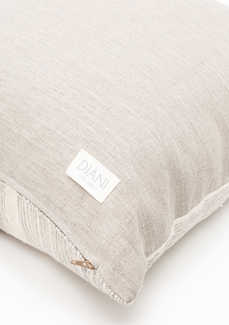Grey Stripe Grain Sack Cushion With Red Poms | 20"x20"