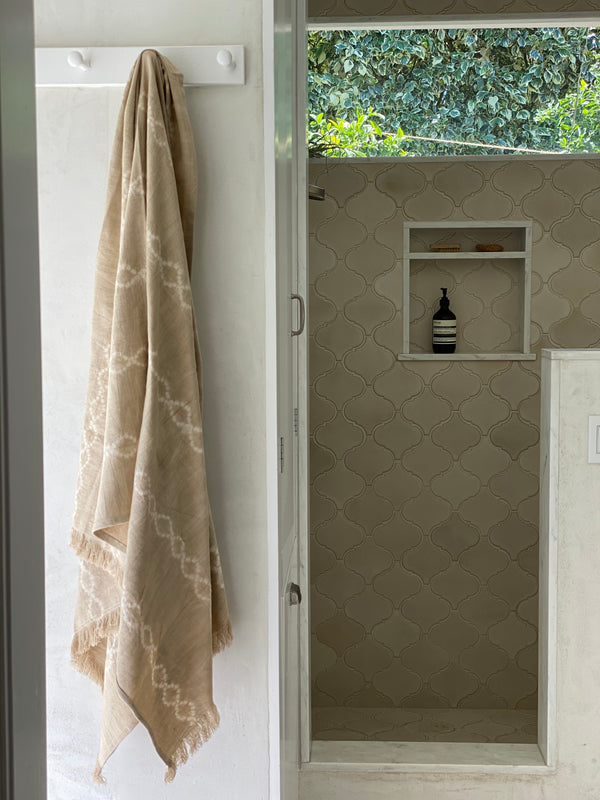 Fringed Throw With Pouch, Taupe Batik, 40" x 71"